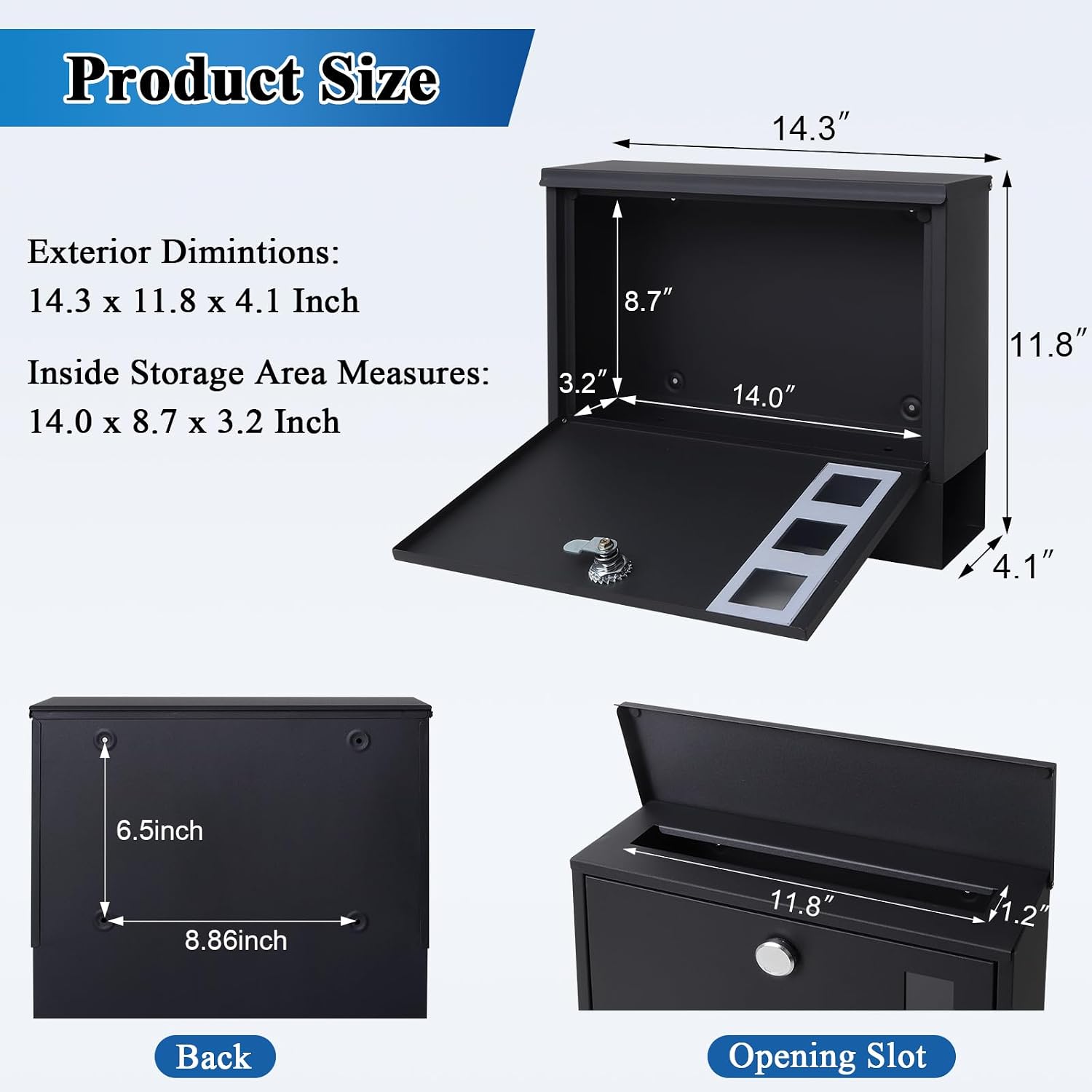 Locking Mailbox Wall Mount for Outside– Jssmst Mailboxes with Key Lock for Front Door Fence, Large Capacity Letter Box, 14.3 x 4.1 x 11.8 Inch, Black, SM-HPB911BN