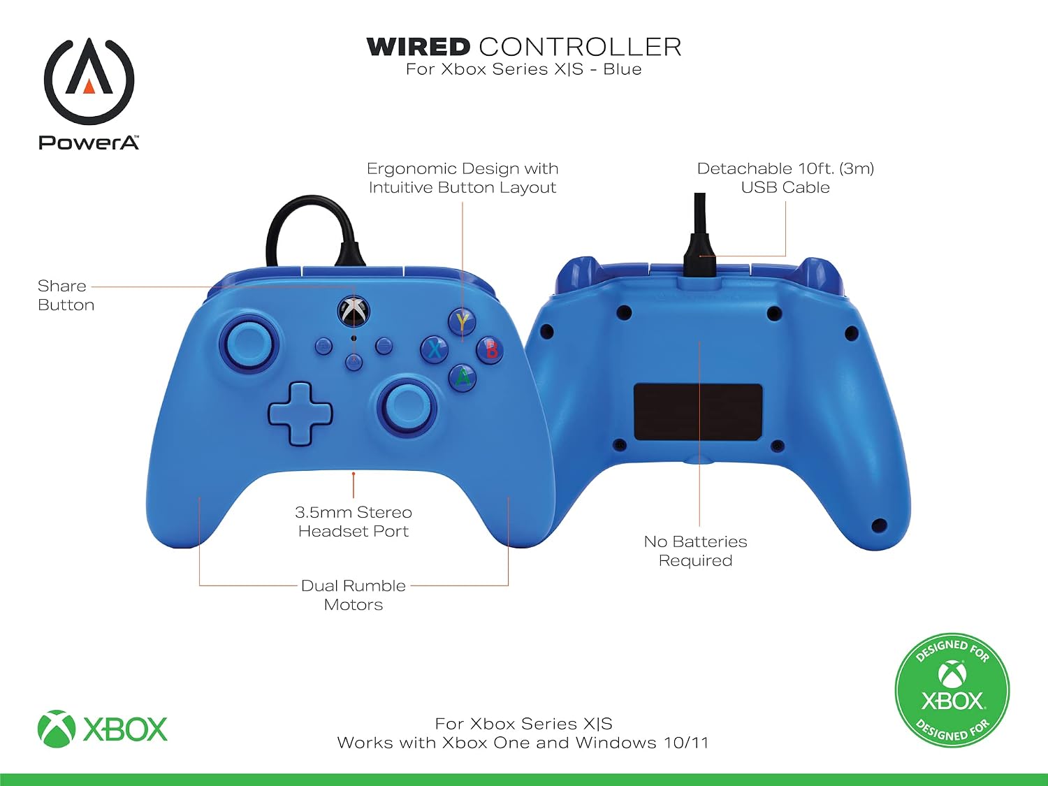 PowerA Wired Controller for Xbox Series X|S - blue, gamepad, video game/gaming controller, works with Xbox One, Officially Licensed