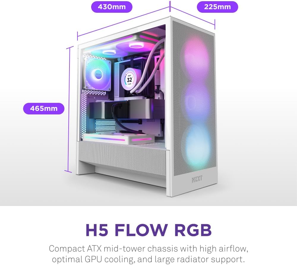 NZXT H5 Flow RGB - Compact ATX Mid-Tower PC Case - White | Compact mid-tower with included F360 RGB Core fans, 360mm radiator support, tempered glass. CAM-ready RGB out of the box.