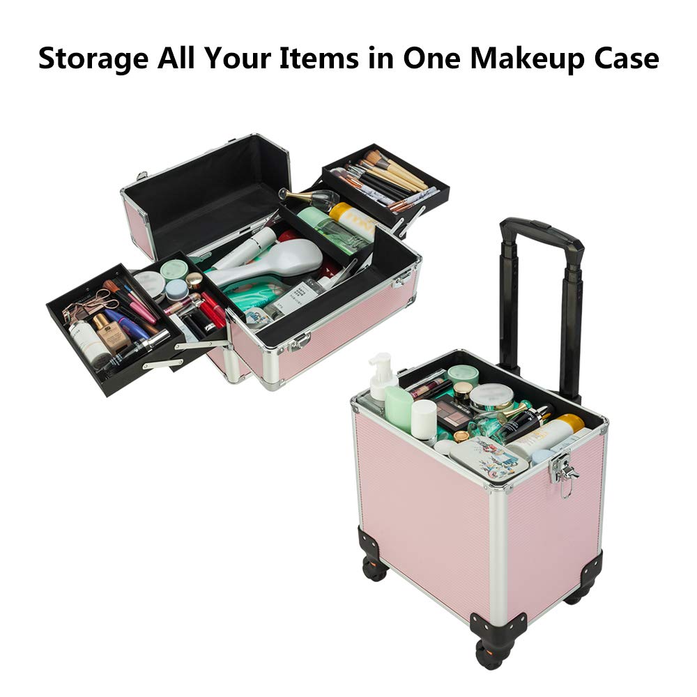 mefeir 4 in 1 Rolling Makeup Train Case, Aluminum Makeup Travel Organizer Cosmetic Case, Cosmetology Display Suitcase on Wheels, Beauty Storage Luggage Lockable w/4 Removable Wheels (Black)