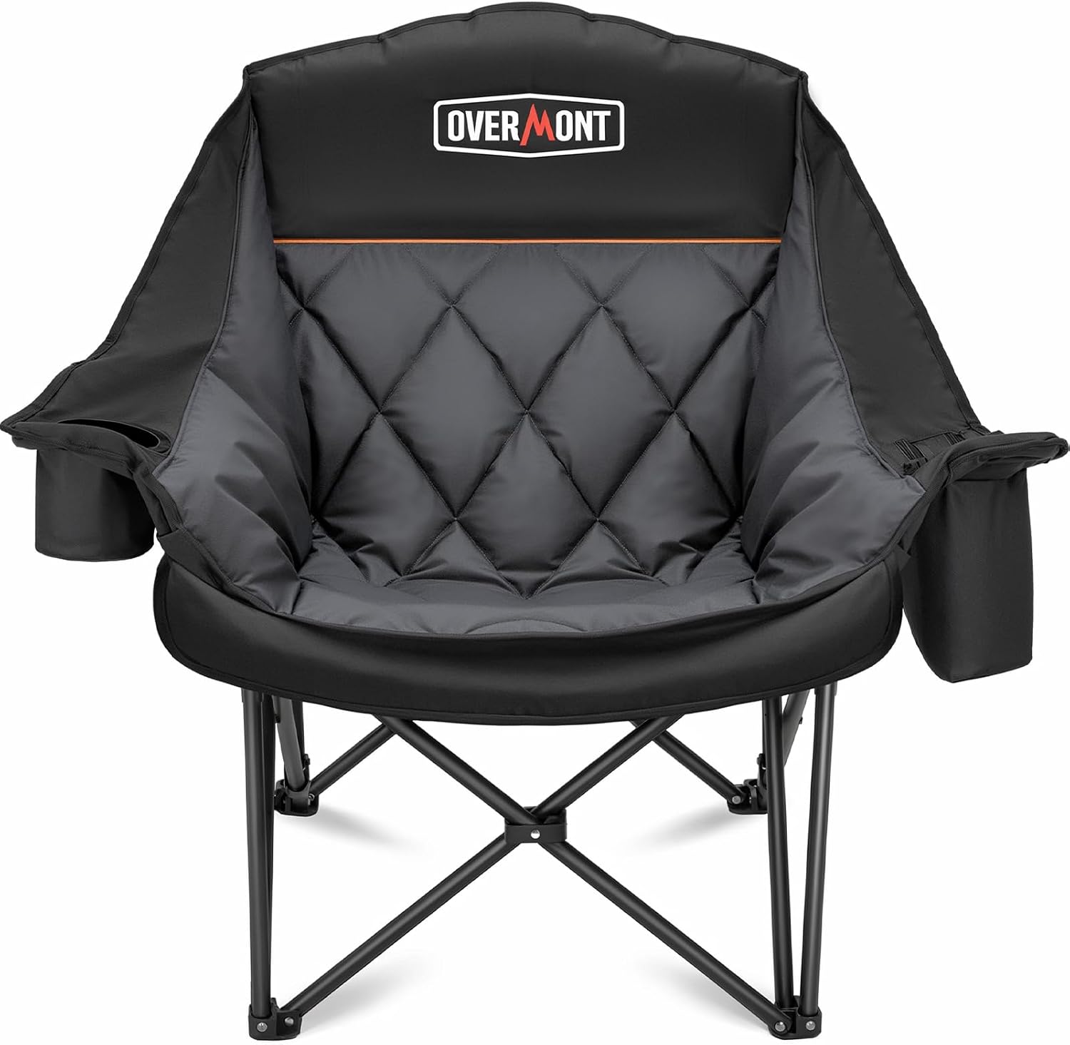 Overmont Oversized XL Camping Chair for Adults - 500lbs Support Heavy-Duty Padded Folding Chair with Side Pocket Cup Holder Cooling Bag for Outdoor Sports Garden Beach Fishing Lawn Black
