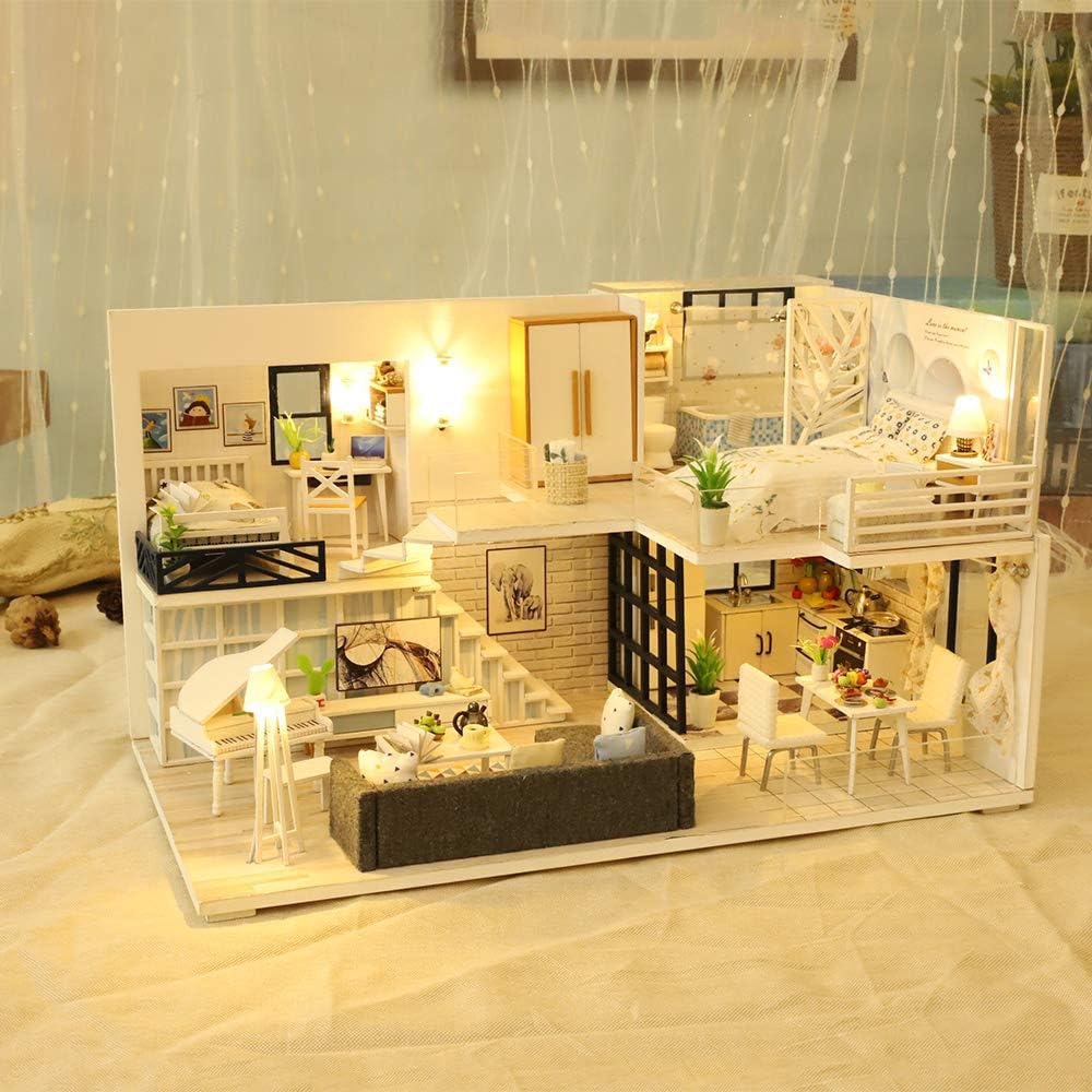 GuDoQi DIY Miniature Dollhouse Kit with Furniture, Tiny House kit 1:24 Scale, Need to Assemble Around 30 Hours