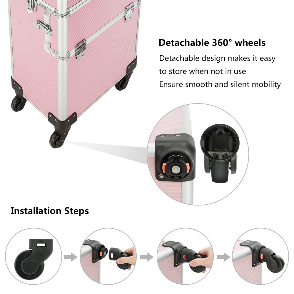 mefeir 2 in 1 Rolling Makeup Train Case Professional Cosmetic trolley on Wheels Aluminum Nail Cart Cosmetic Suitcase for professional makeup artist, Luggage Lockable w/4 Removable Wheels (Black)