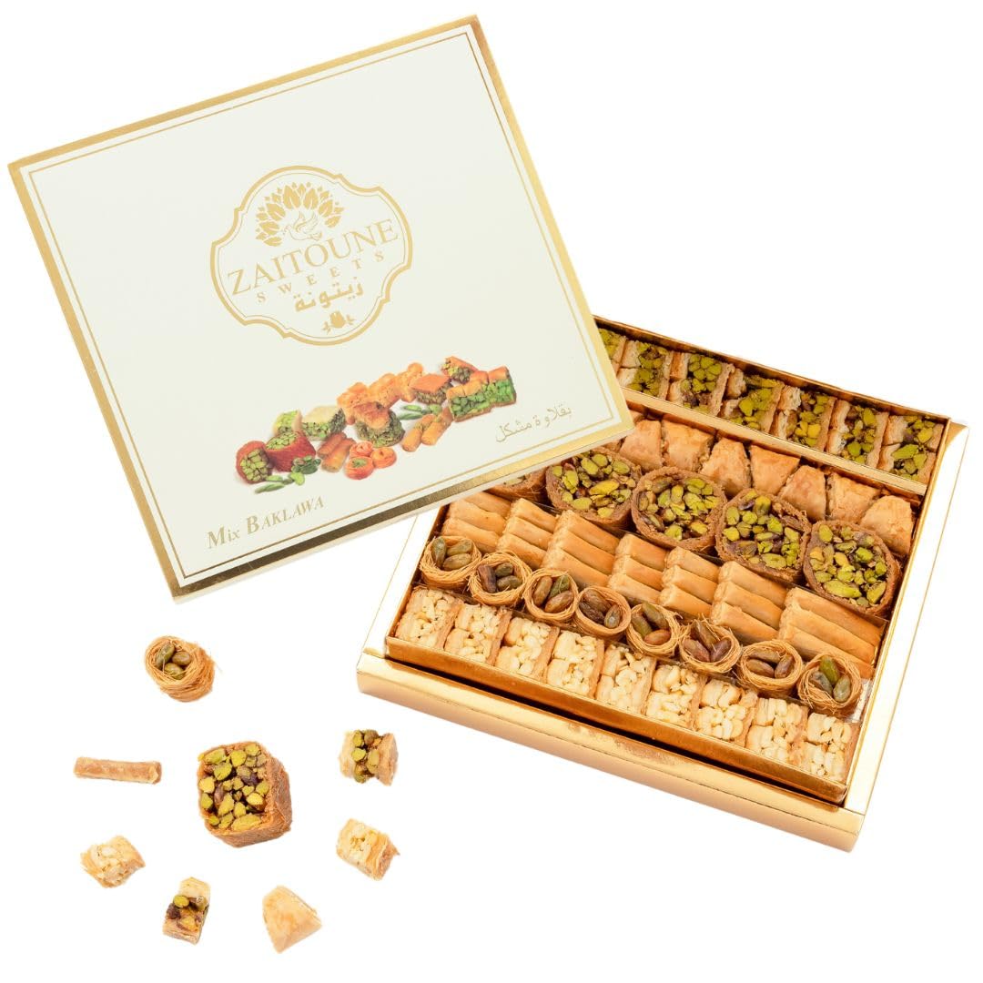 Zaitoune Cashew & Pistachio Baklava Selection Box - 1.1 lb | Traditional Luxury Honey Pastry | Arabic Dessert with Authentic flavors in Beautiful