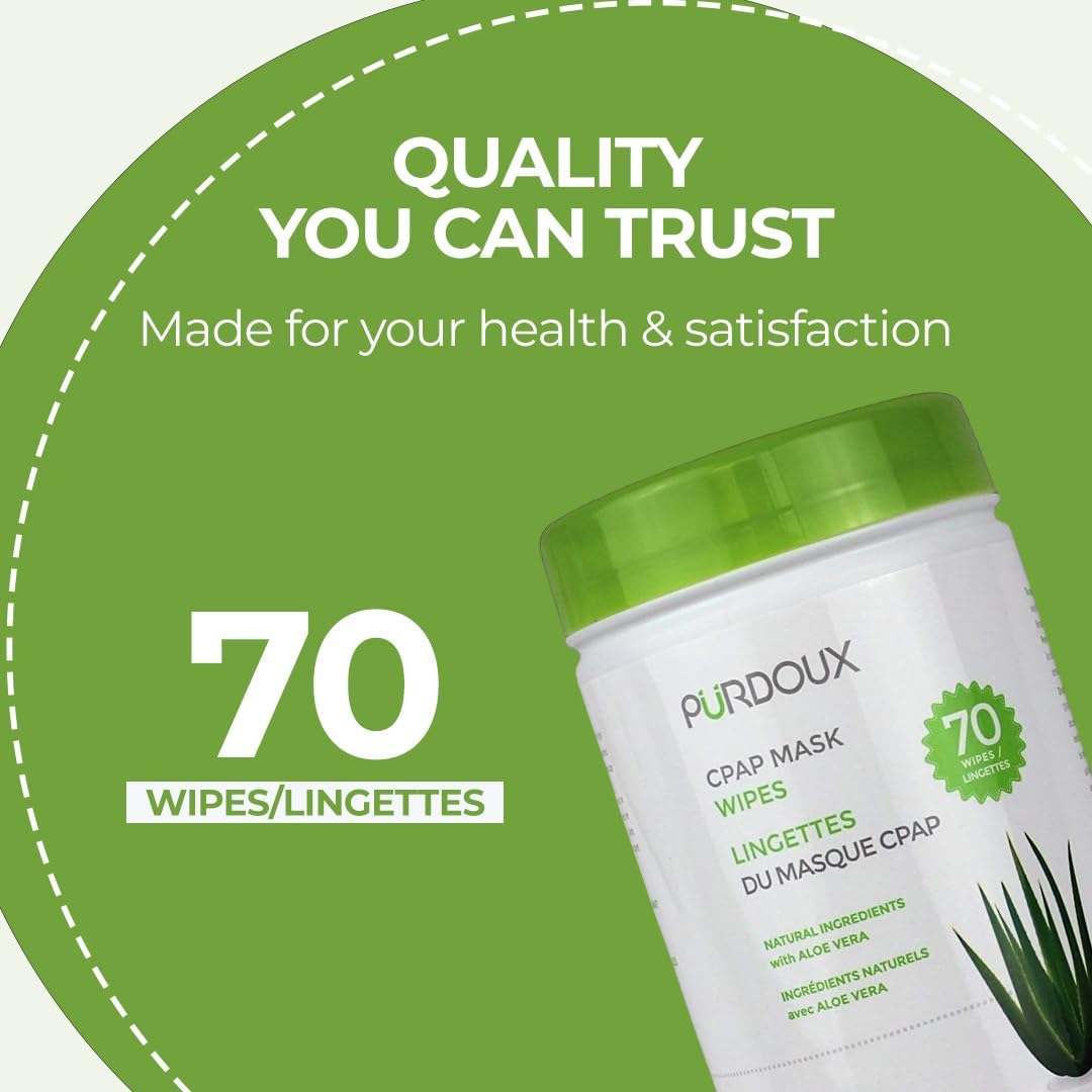 PURDOUX 100% Cotton CPAP Mask Wipes Canister Unscented with Aloe Vera (70 wipes) - CPAP Supplies, CPAP Accessories, CPAP Cleaning Supplies for CPAP Machine | Aloe Vera Infused, Alcohol Free, Silicone Safe, Removes Dirt & Facial Oils, Gentle Cleaning, CPA…