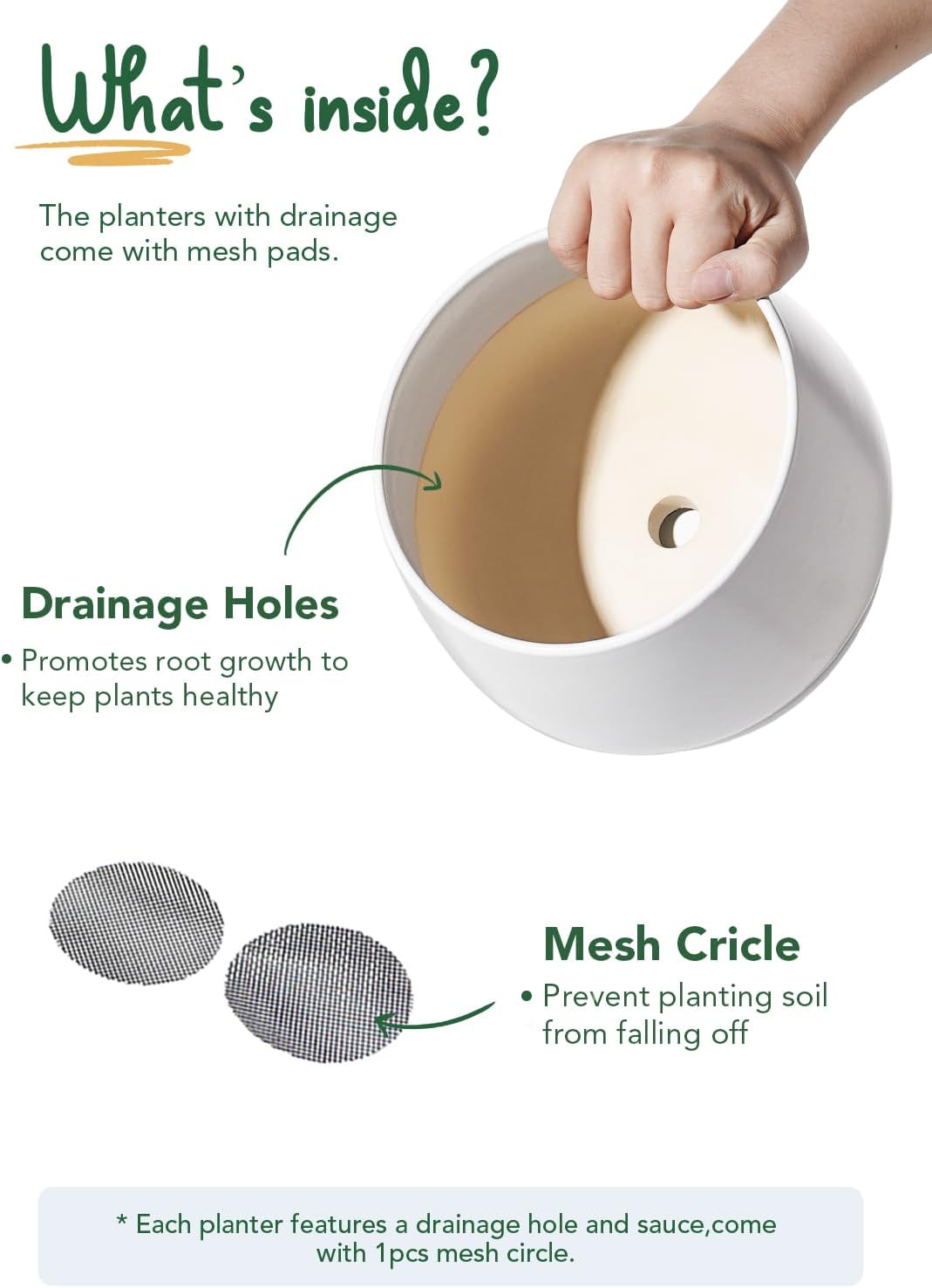 LE TAUCI Plant Pots, 4.1+5.1+6.5 inch, Set of 3, Ceramic Planters with Drainage Hole and Saucer, Indoor Flower Pot with Hole Mesh Pad, Gifts for Mom