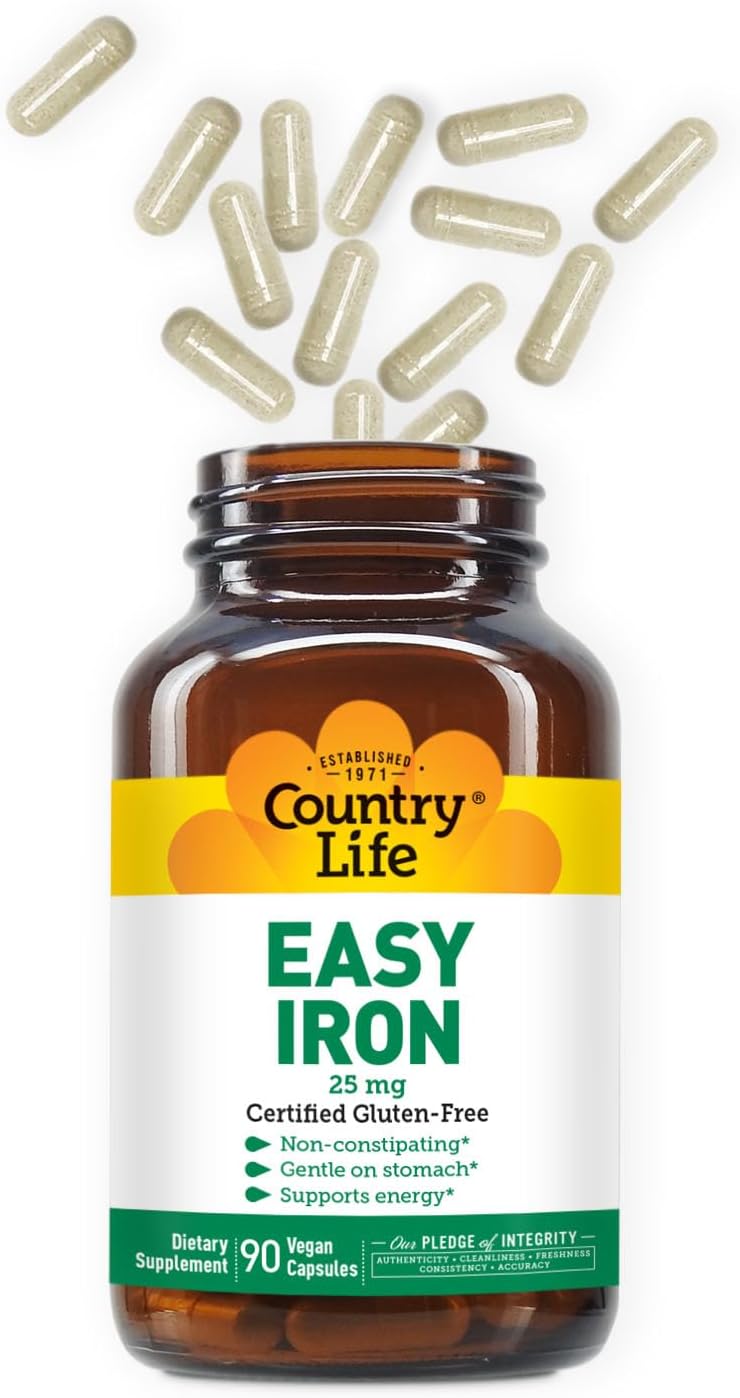 Country Life Easy Iron 25 mg with Ferrochel, 90 Capsules | Non-constipating and gentle on the stomach, Certified Gluten-Free, Vegan and Kosher Parve