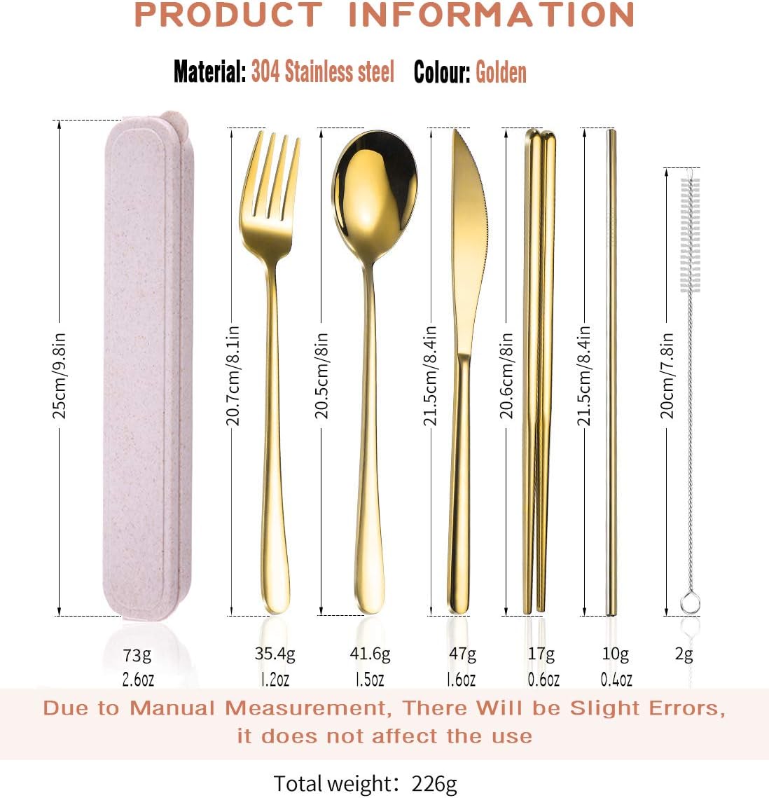 AARAINBOW 6 Pieces 18/8 Stainless Steel Flatware Set Portable Reusable Cutlery Set Travel Utensils Set Including Chopsticks Knife Fork Spoon Straws