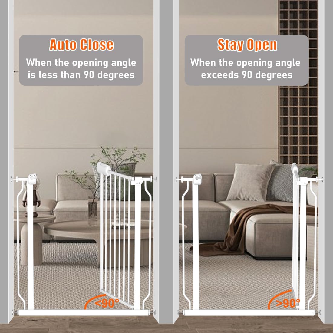 Fairy Baby Extra Wide Baby Gate for Doorways Auto Close Safety Gates for Bedroom, Fits 57.5 Inch to 62 Inch with Pressure Mounted Extention Kit, White | Pressure Mounted No Drill Pet Gate with Door, Heavy Duty Walk-Through Gate for Toddlers, Kids, Dogs,…