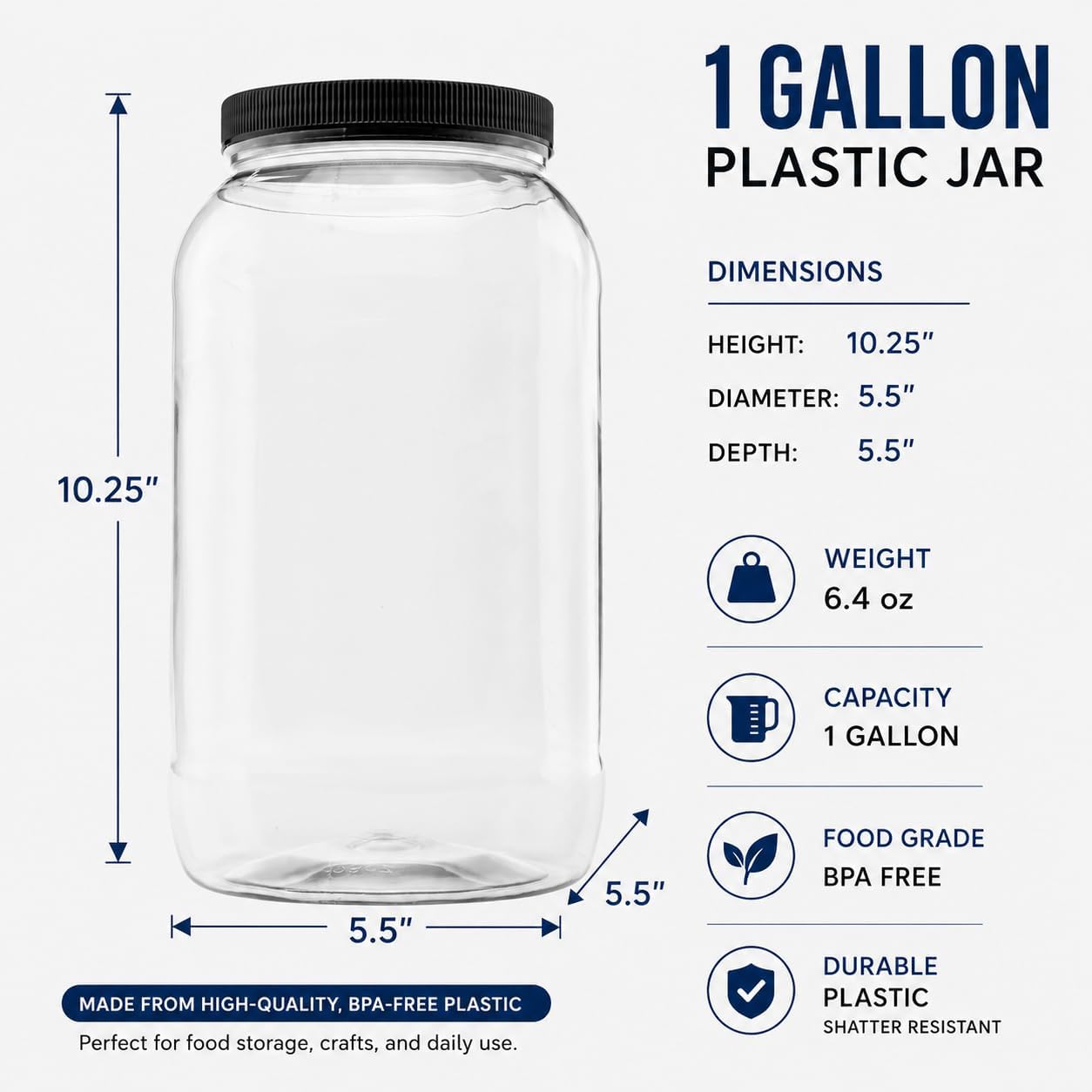 1 Pack - 128 oz (1 Gallon) Plastic Storage Jars with 110-400 Leak Proof Black Lids, Food Grade, BPA Free, Hand Wash Only (128oz, BLK, 1PK)