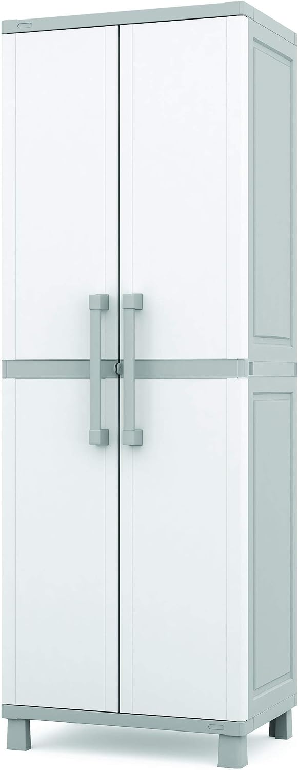 Keter Storage Cabinet with Doors and Shelves for Laundry Room, Garage, Bathroom Accessories, Closet and Home Organization, White & Grey