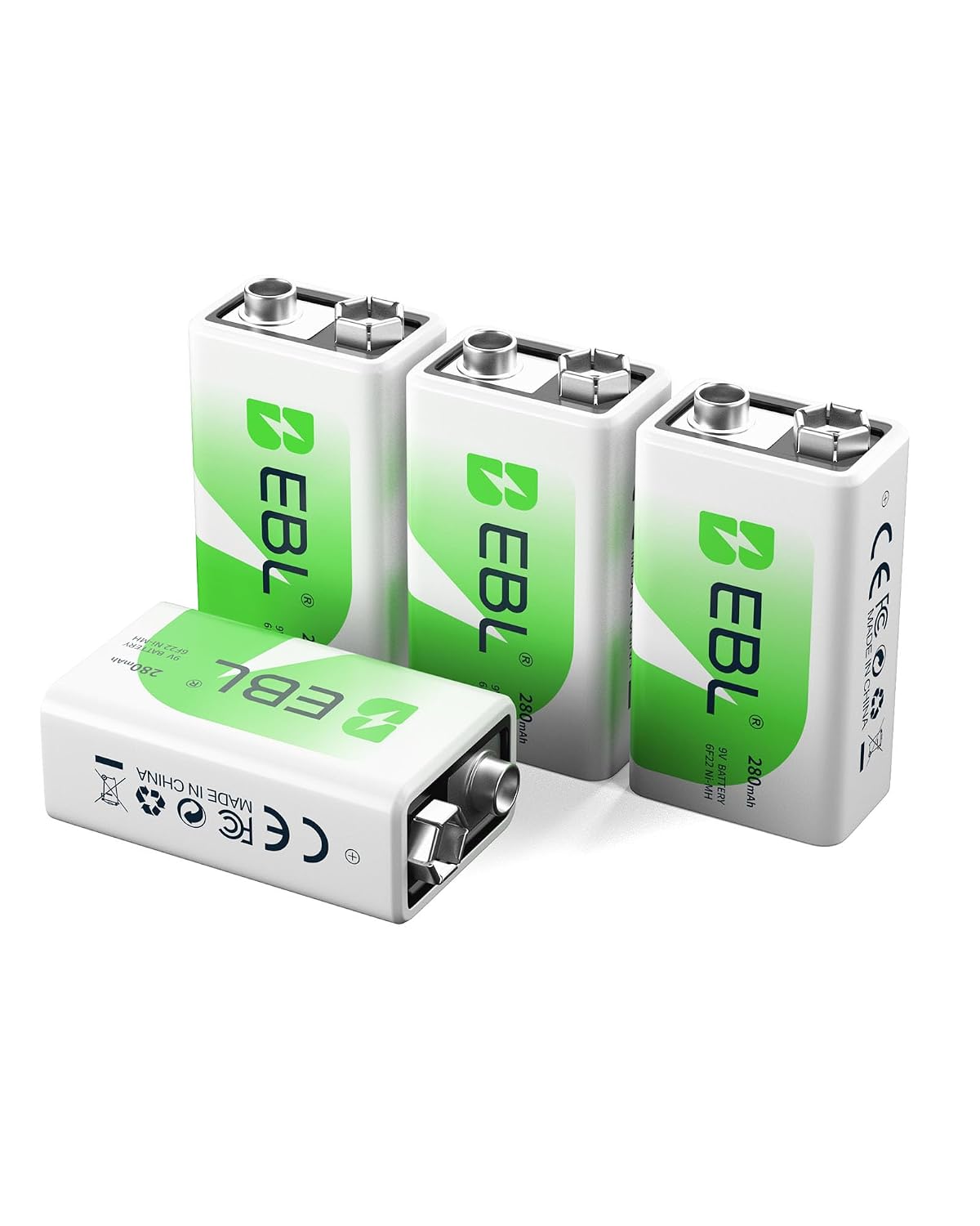 EBL 9V Rechargeable Batteries NiMH Everyday 280mAh 9V Battery for Smoke Alarm Detector, 4-Packs | NiMH 280mAh 9 Volt Battery for Smoke Alarm Detector