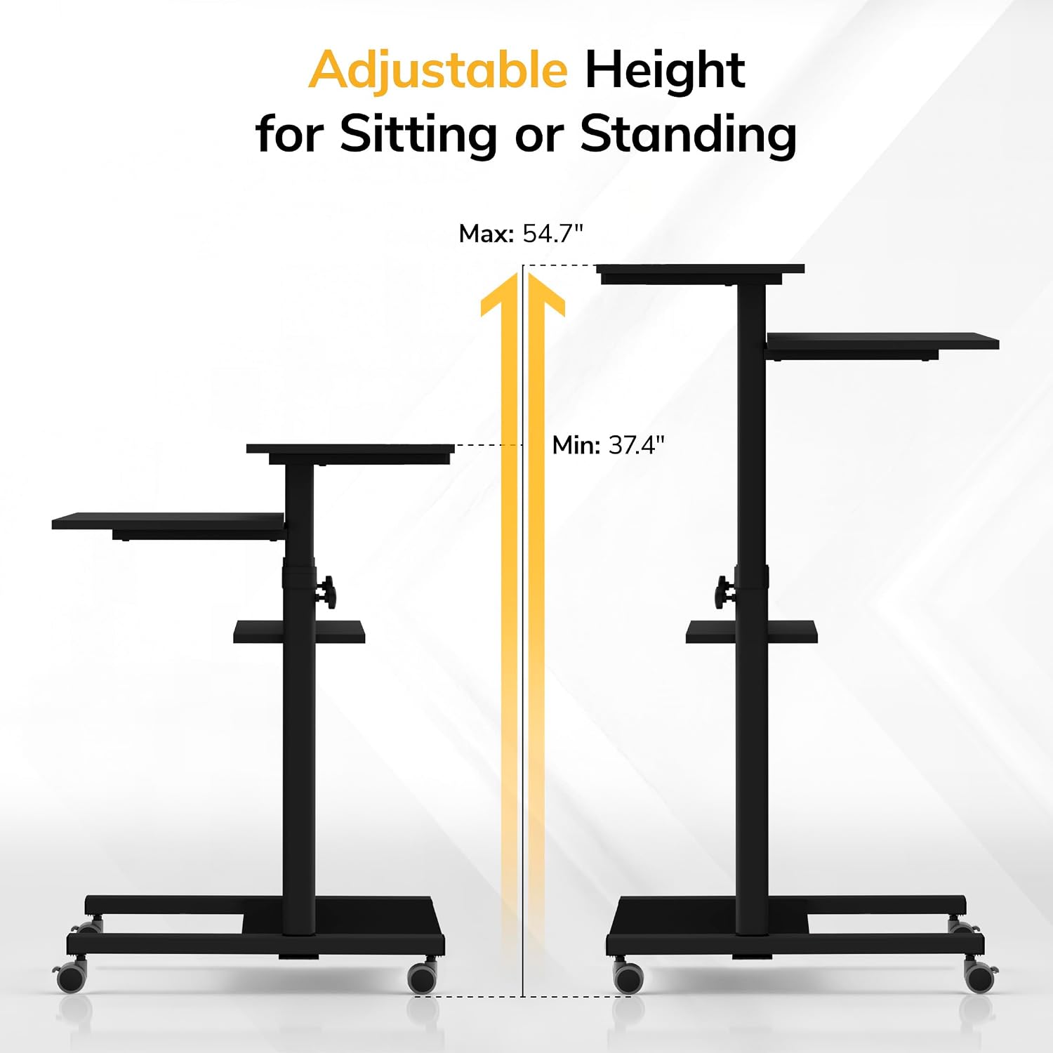 Mount-It! Black Rolling Standing Desk, Adjustable Height up to 54.7", Portable Laptop Podium Desk on Wheels, Mobile Computer Workstation with 4 Shelves 27.5" Wide, Cart for Home Office or Classroom