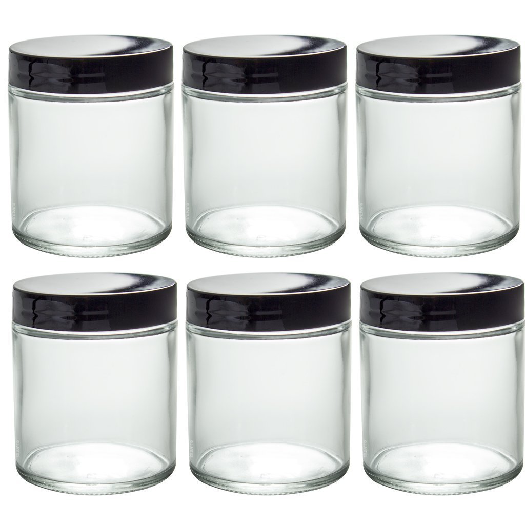 8 Oz CLEAR Glass Jar Straight Sided with Black Lid - Pack of (6)