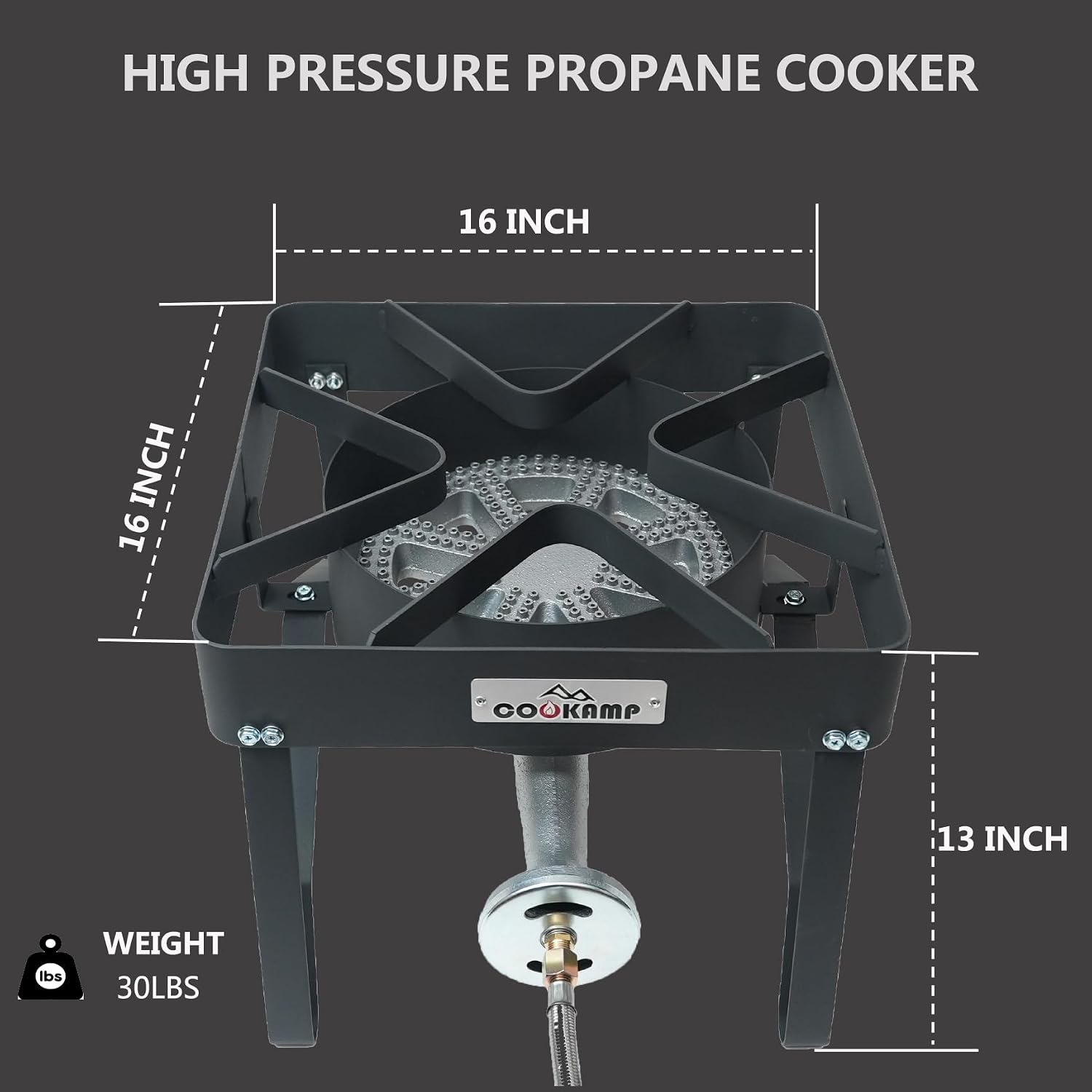 COOKAMP High Pressure 200000 BTU Banjo 1-Burner Outdoor Propane Burner Gas Cooker with 0-30 PSI Adjustable Regulator and Steel Braided Hose (Balck)