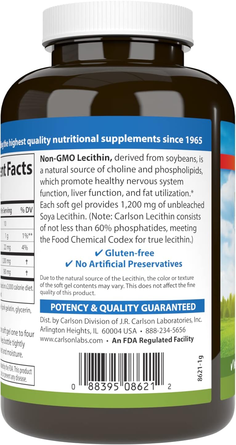 Carlson Lecithin, Non-GMO, 1200 mg, 100 Softgels | Nervous System Health; Liver Function; Unbleached Soy Lecithin