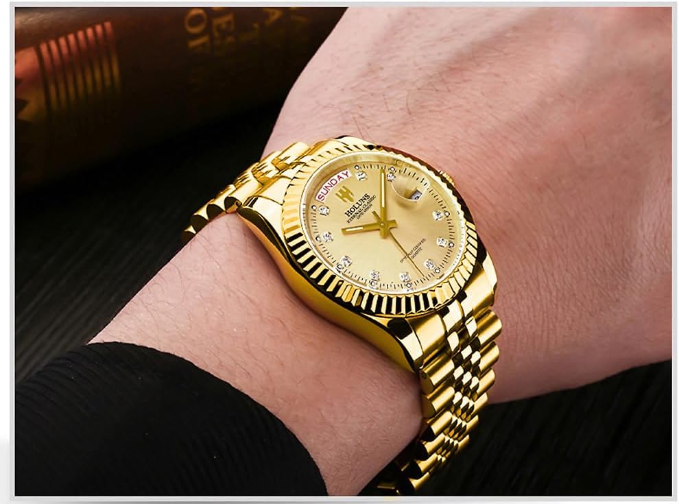 41MM Men's Gold Plated Stainless Steel Waterproof Quartz Watch Luxury Wristwatch with Date Week Display