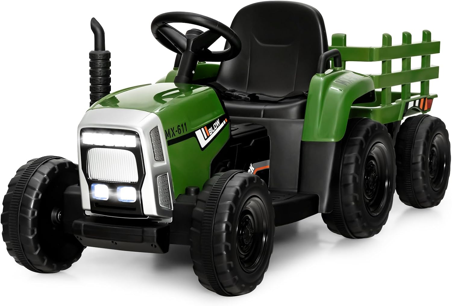 Costzon Ride on Tractor with Detachable Trailer, Kids' Electric Vehicles w/3-Gear-Shift Ground Loader, Wireless Design & USB, 7 LED Headlights