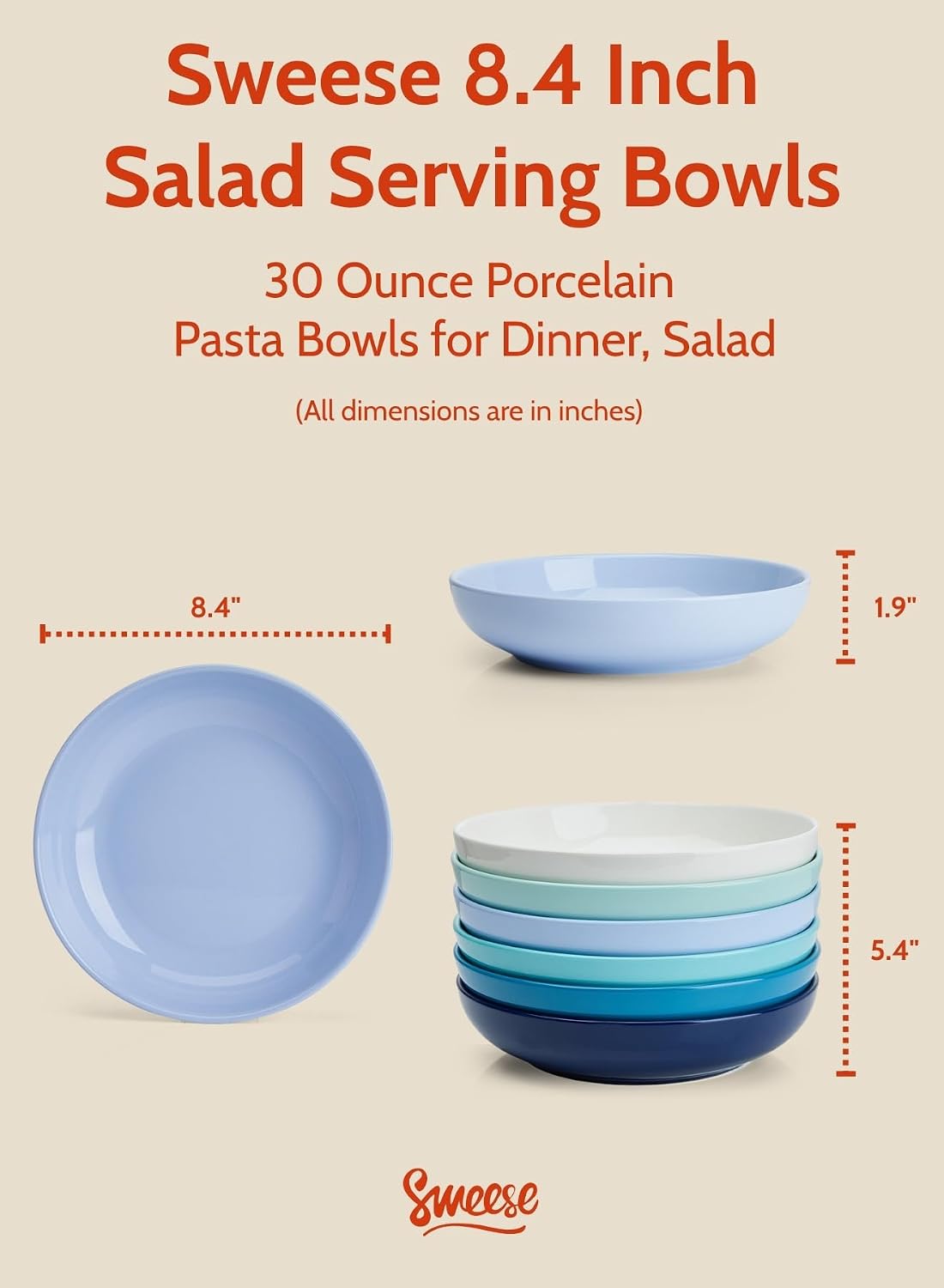 Sweese 22oz Porcelain Pasta Bowls Set of 6-7.6 Inch White Salad Serving Plates, Microwave Dishwasher Safe Dinnerware