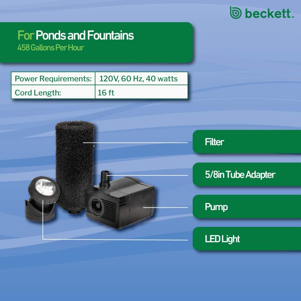 Beckett Corporation LV450T 458 GPH Submersible LED Light-Water Pump for Indoor/Outdoor Ponds, Fountains, Fish Tanks, Aquariums, and Waterfalls, Black