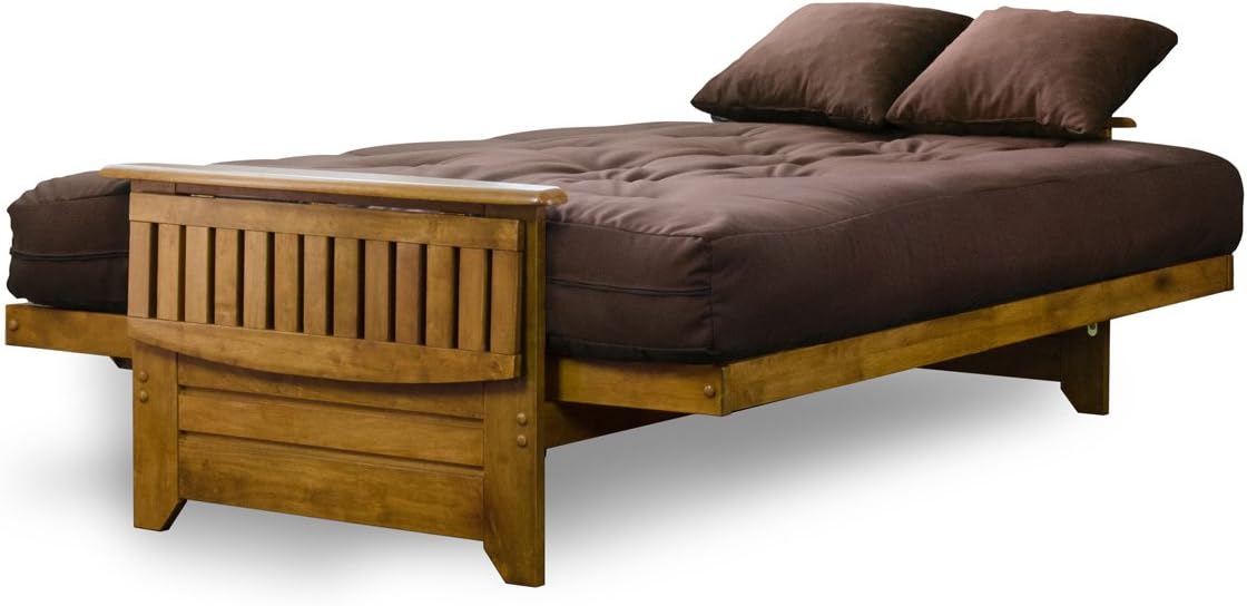 Brentwood Tray Arm Futon Sofabed Set - Queen Frame, 8" Microfiber Fudge Mattress, Heritage Finish