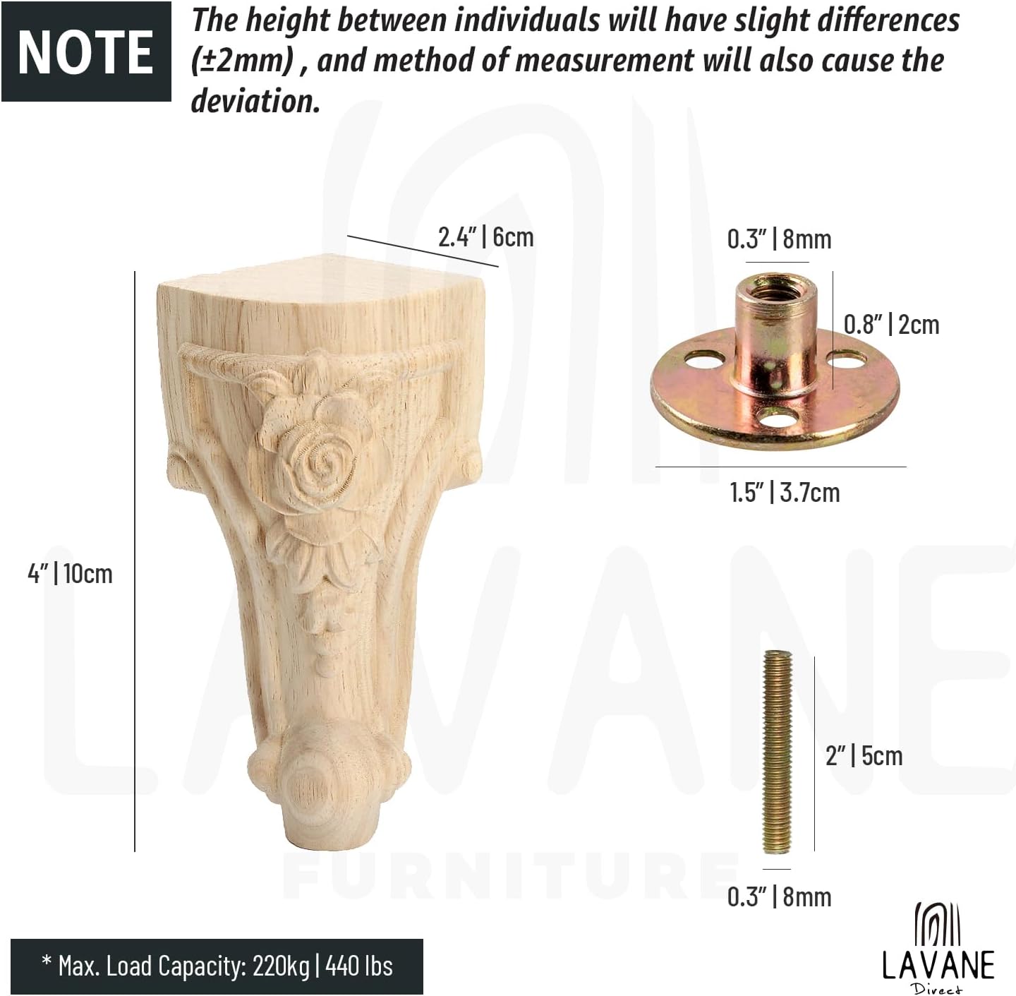 La Vane 6 inch / 15cm Wooden Furniture Legs, Set of 4 European Style Solid Wood Carving Furniture Replacement Feet Decoration for Sofa Cabinet Wardrobe Table Loveseat