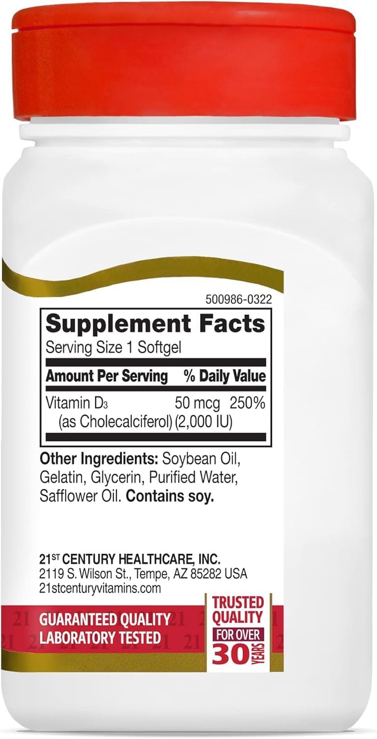 21st Century Vitamin D3 2000 IU Softgels, Bone & Immune, 250 Count | Vitamin D3 2000 IU Fast-Release Liquid Softgels, Bone Health, Immune Support & Calcium Absorption, Value 250-count Bottle
