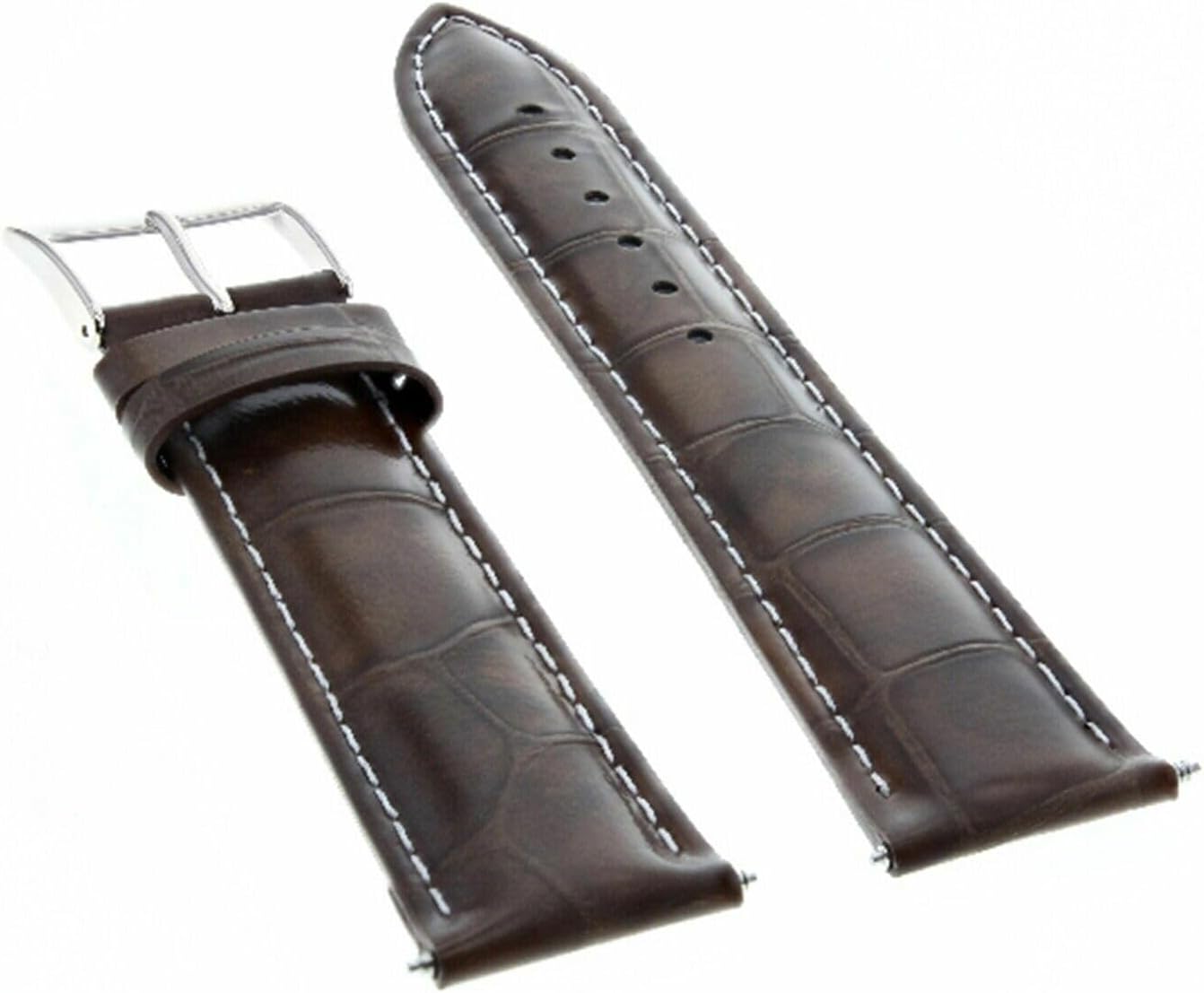Ewatchparts 24mm Dark Brown Leather Replacement Watch Strap White Stitching Silver Buckle Compatible With Invicta Diver Watch