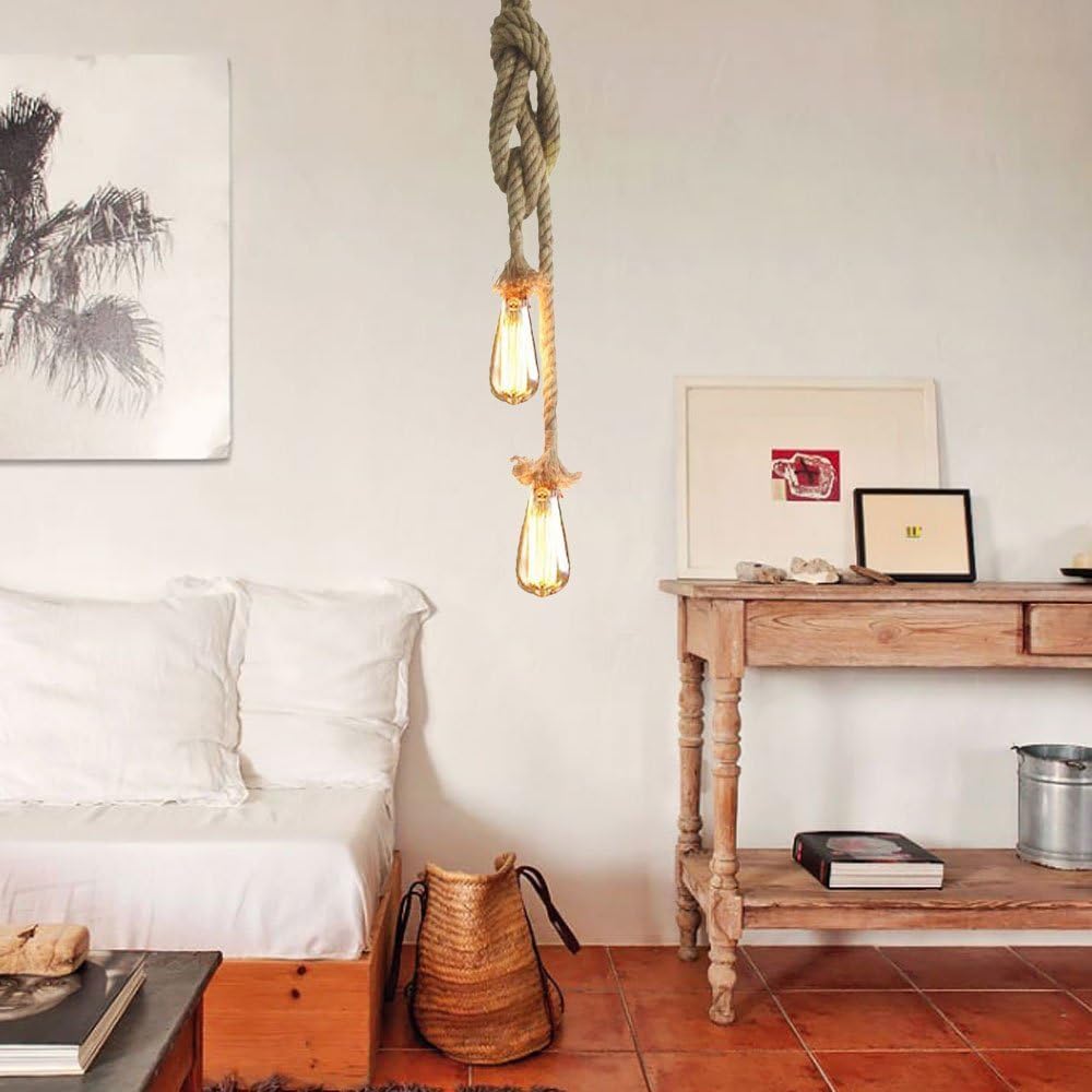 2 Heads Vintage(1.5+1.5 Meter) Hemp Rope Pendant Light Fixture E26/E27 Base,Retro Hemp Rope Hanging Light Vintage Ceiling Light Lamp Retro Style for Dining Hall Restaurant Bar Lighting,110V …