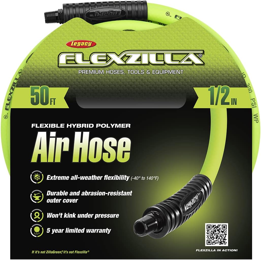 Flexzilla Air Hose, 3/8 in. x 50 ft., 3/8 in. MNPT Fittings, Heavy Duty, Lightweight, Hybrid, ZillaGreen - HFZ3850YW3