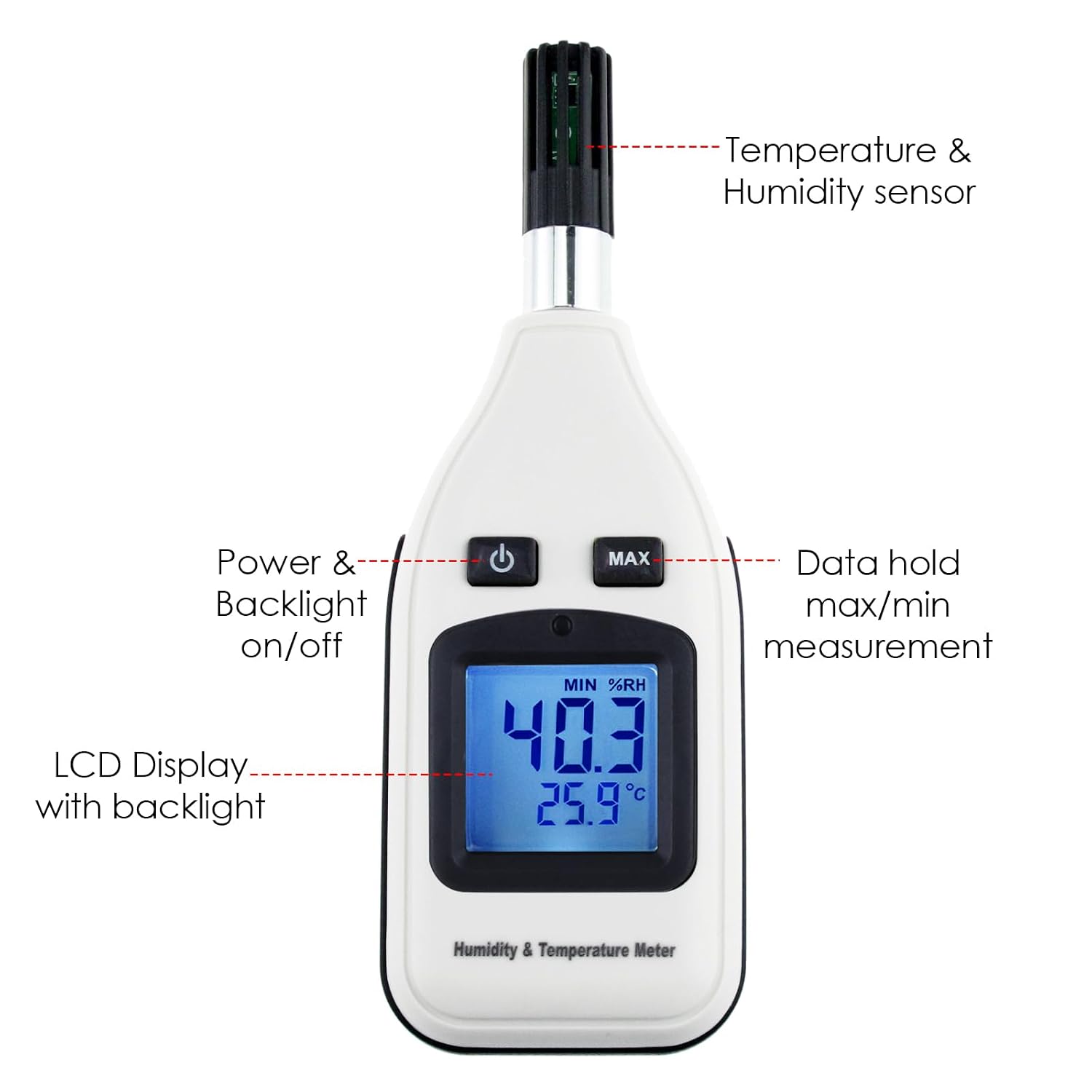 Digital Humidity 0~100% RH and Temperature Meter, 30~70°C, MAX/MIN Hold, Handheld Portable with LCD Backlight