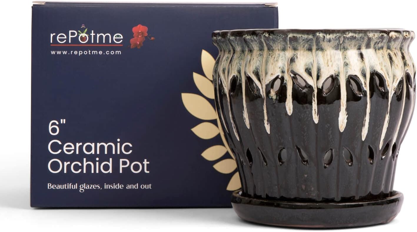 rePotme 6" Pinwheel Fluted Ceramic Plant Pot (Cream Over Lavender) - Includes Free 6 inch Slotted Pot Liner - Great for Orchids, Succulents