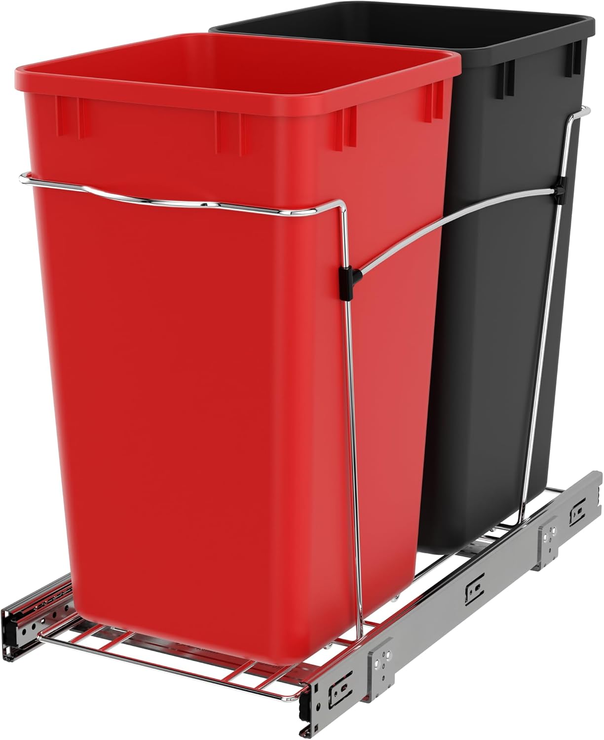 Rev-A-Shelf Double 27 Qt Pullout Trash Can for Base Kitchen Cabinets, Garbage Waste Bin System with Full Extension Slides, Min Opening Width of 11.5", Metallic Silver, RV-15KD-17C S