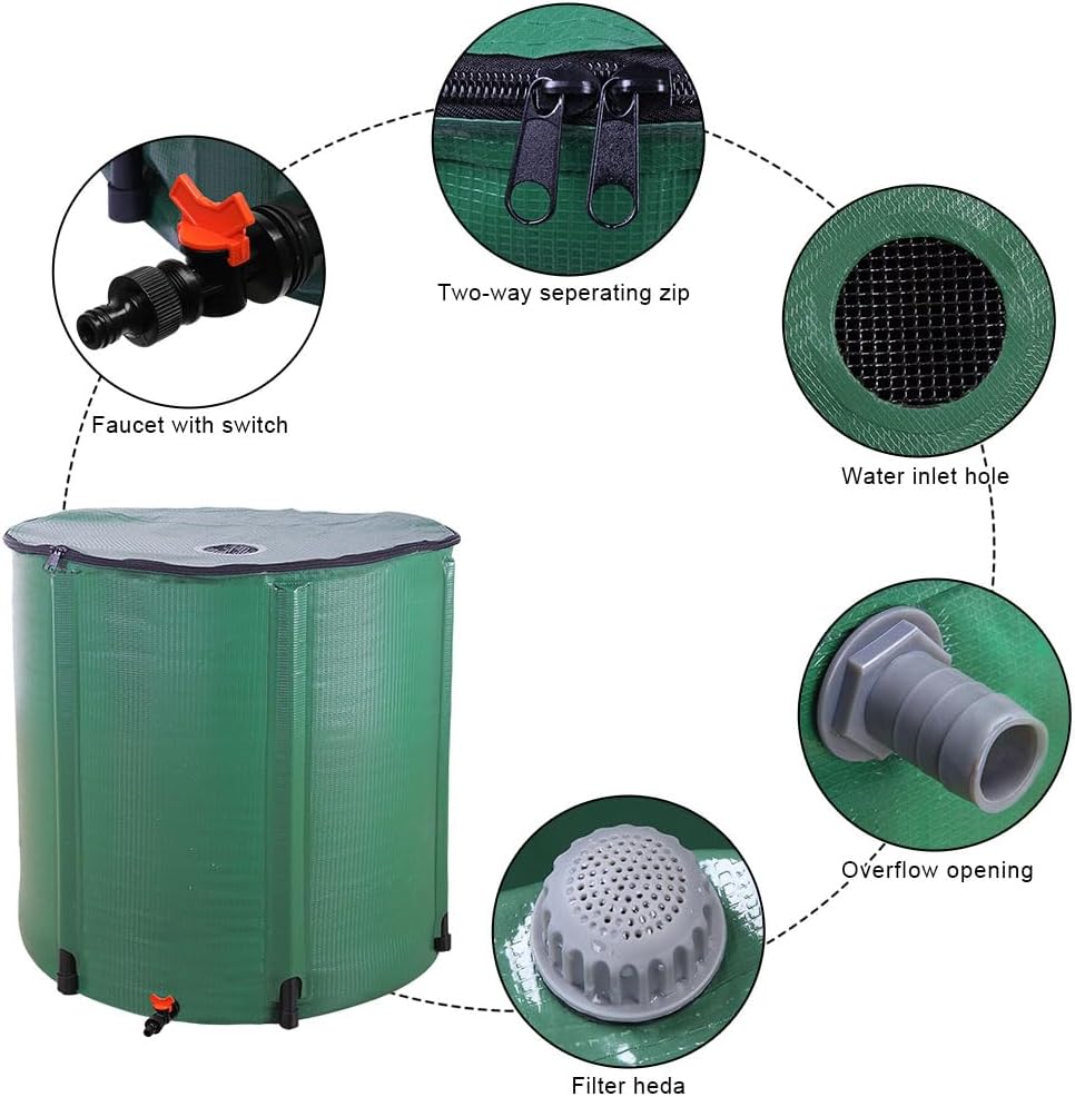 Collapsible Rain Barrel, Portable Water Storage Tank, Rainwater Collection System Downspout, Water Catcher Container (50 Gallon, Green)