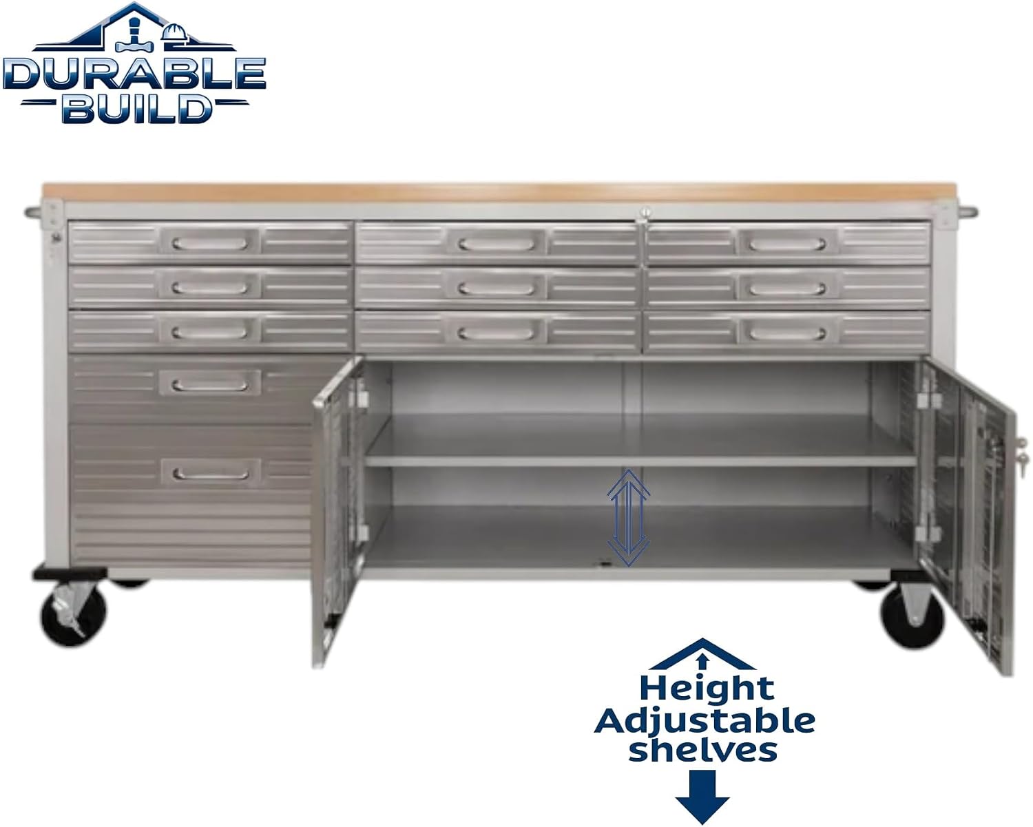 Heavy-Duty Rolling Workbench with Drawers and Cabinet, 77" W x 20" D x 37.5" H, (Red, 11 Drawer)