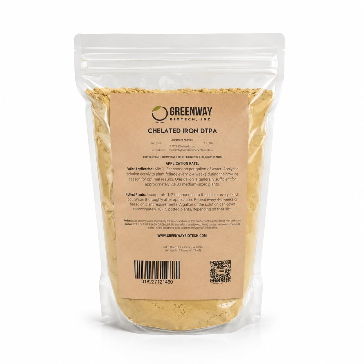 Greenway Biotech, Inc. Chelated Iron DTPA 11% - for Alkaline Soils (pH 4.0-7.5) - 100% Water Soluble Fertilizer for Citrus, Lawns & Hydroponics - Corrects Iron Chlorosis - Made in USA - 1 Pound