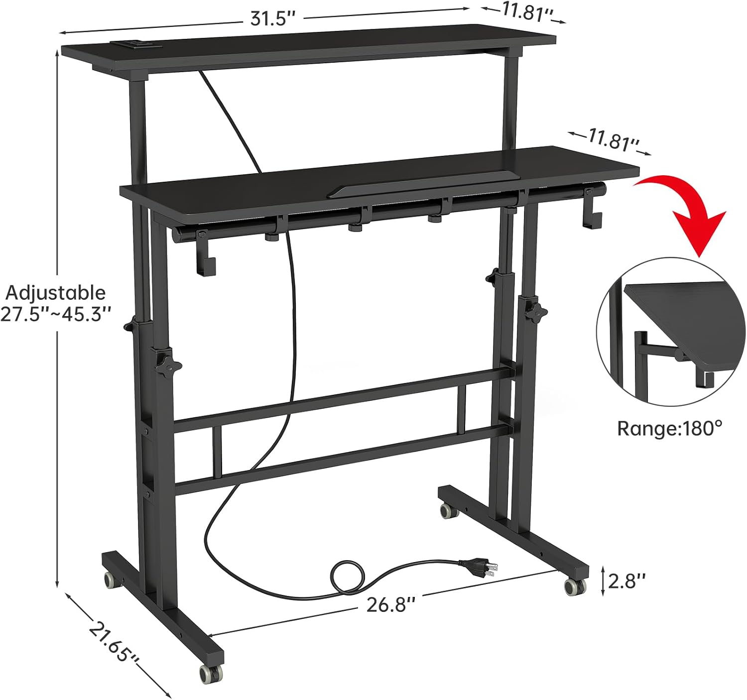 SIDUCAL Mobile Standing Desk, Portable Stand Up, Small Adjustable Converter with Wheels Home Office Workstation, Rolling Desk Laptop Cart for Standing or Sitting, Black