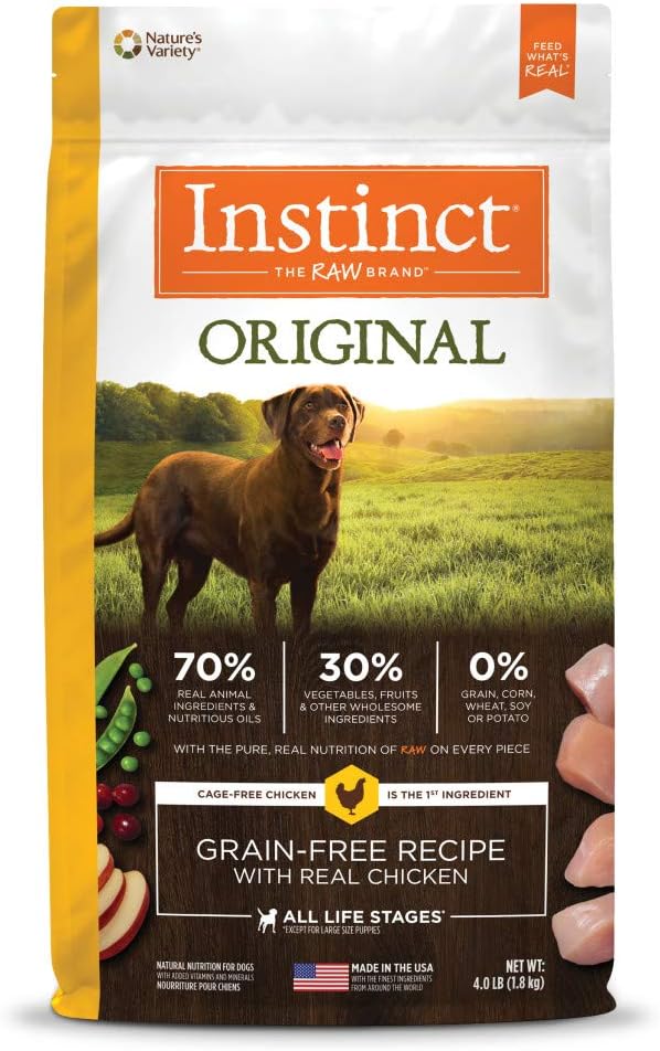 Instinct Original Dry Dog Food, Raw Coated Kibble, Real Chicken, 4 lb. Bag | Raw-coated kibble with cage-free chicken for strong muscles, digestive health, and healthy skin & coat, grain-free