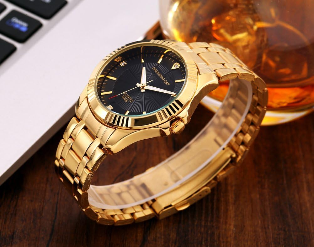 DREAMING Q&P Fq-005 Classic Style Gold Stainless Steel Mens Wrist Watches with Crystals for Man