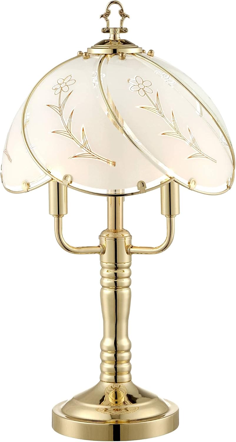 Polished Brass Flower Petal 15" Small Table Lamp Gold Touch 4-Way Glass Off | Etched Shade Art Traditional Cottage Floral Bedroom House Bedside Nightstand Home Office Living Room