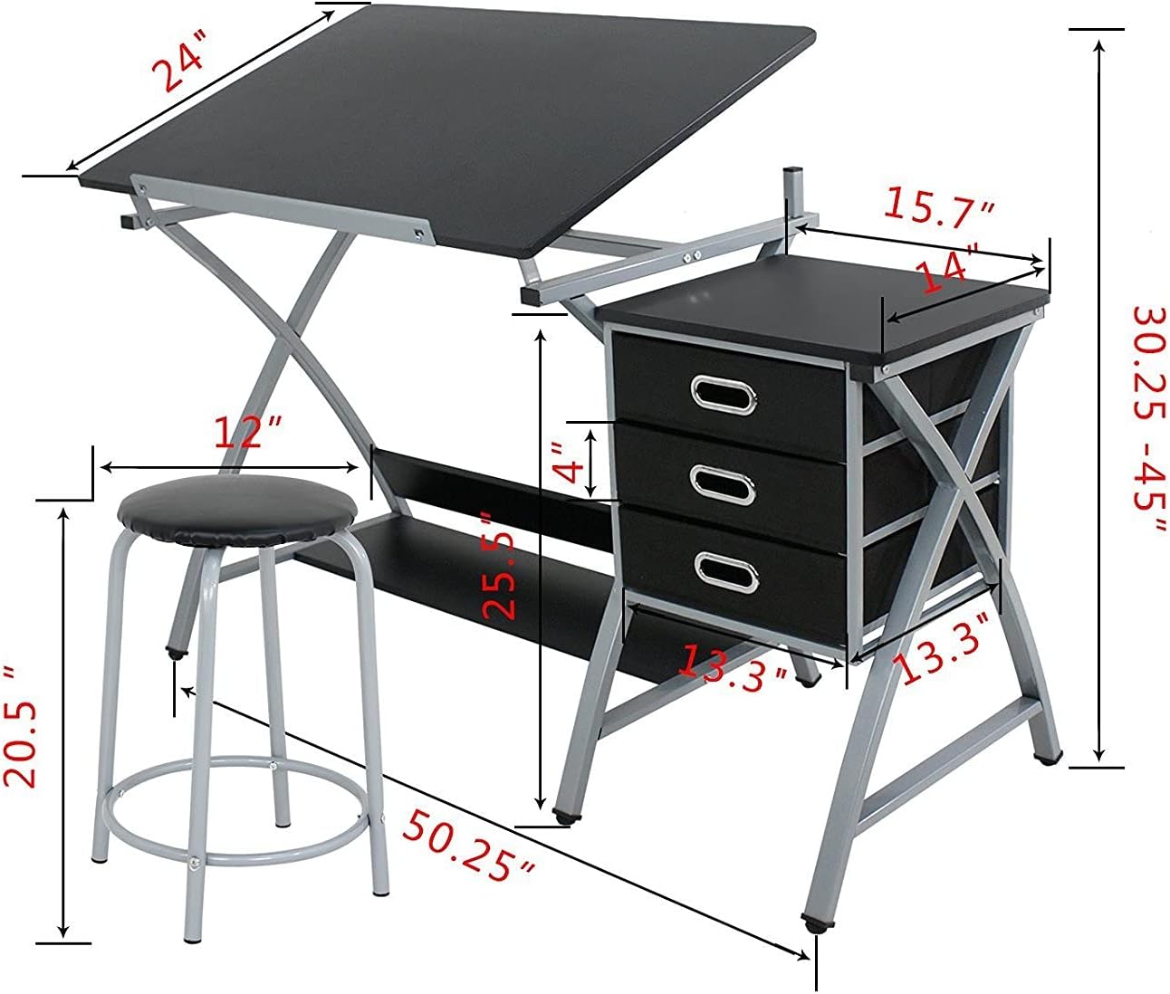 ZENY Drafting Table and Stool, Tilted Draft Table Desk w/Drawers, Artist Drawing Desk Craft Table for Drafting, Painting, Reading, Writing