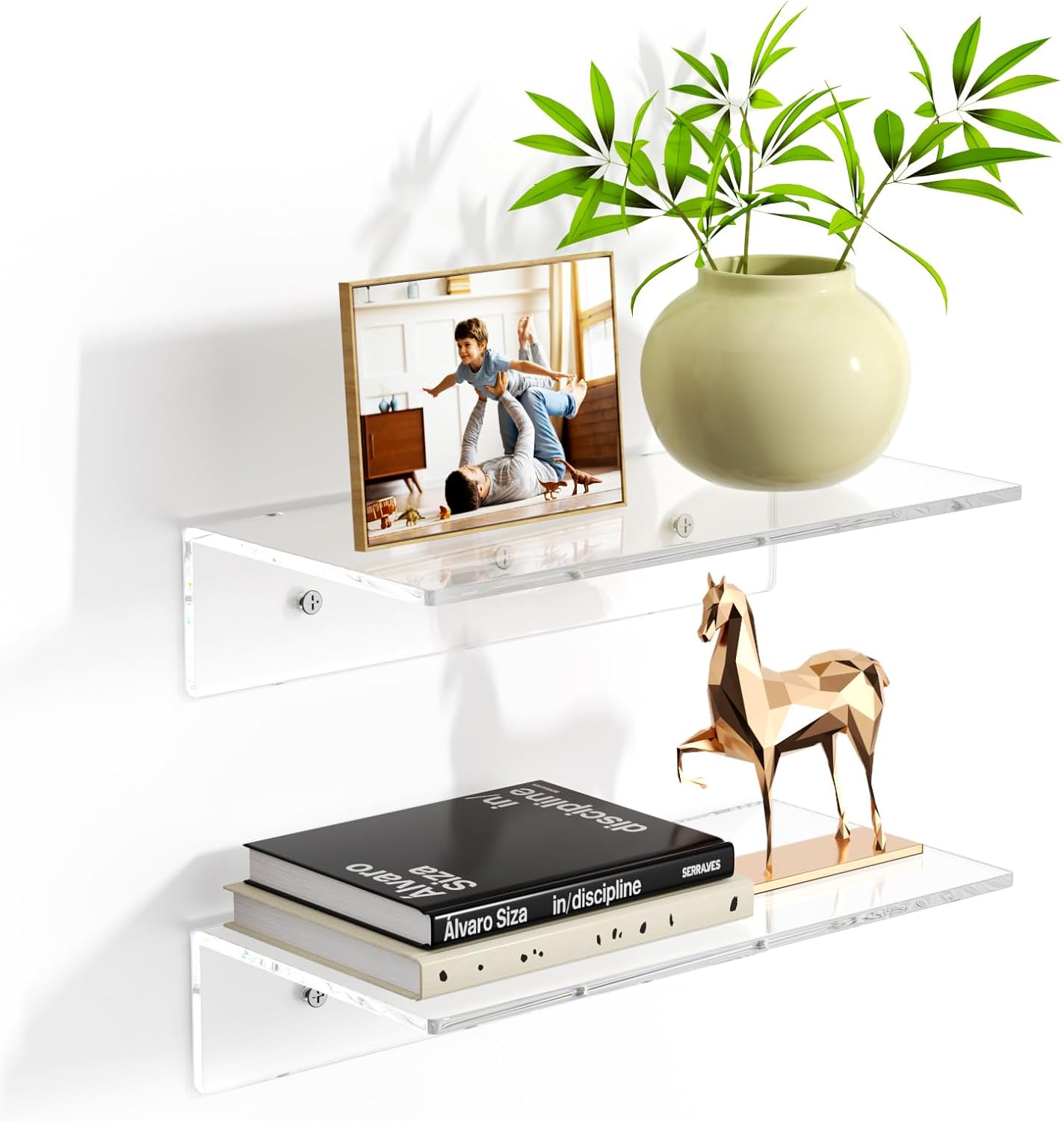 FEMELI 2 PCS 12" Acrylic Floating Shelves, Clear Shelf for Wall Display