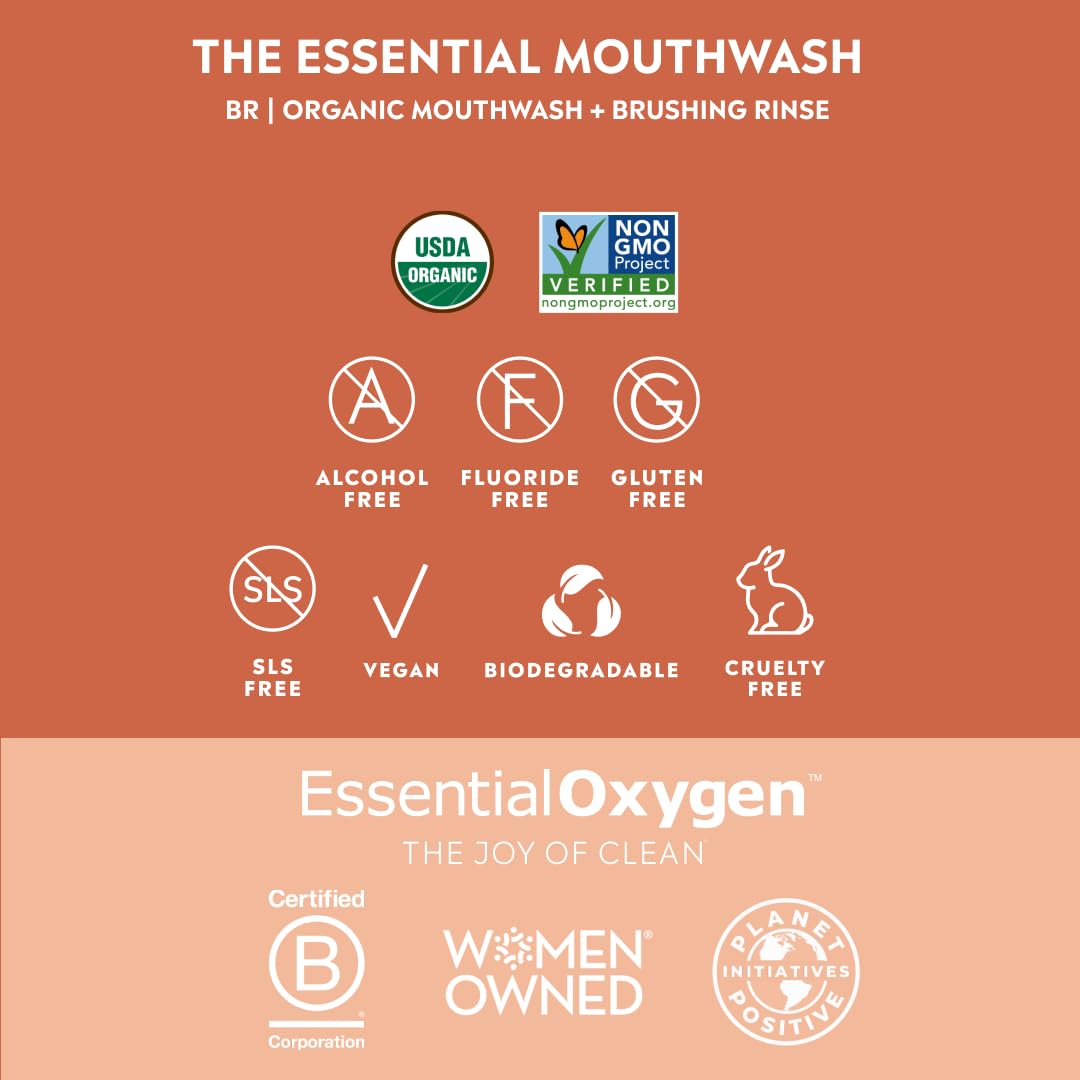 Essential Oxygen Certified BR Organic Brushing Rinse, All Natural Mouthwash for Whiter Teeth, Fresher Breath, and Happier Gums, Alcohol-Free Oral Care, Peppermint, 16 Ounce, Package may vary
