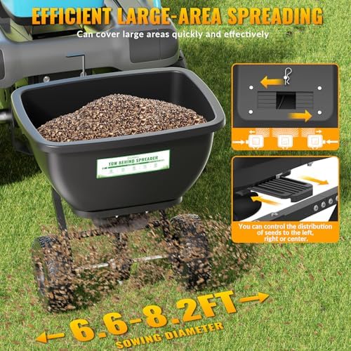 Tow Behind Broadcast Spreader, 200 LB Capacity, Fertilizer Spreader Holds up to 550 lbs with 13" Pneumatic Tires and Adjustable Flow Control Lever