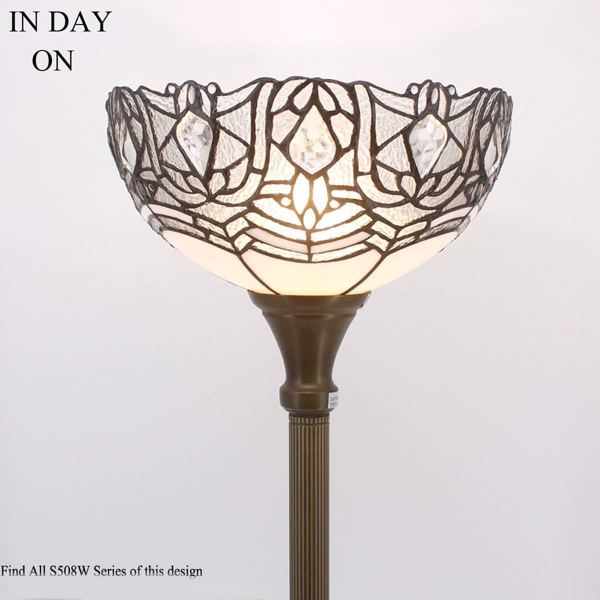 WERFACTORY Tiffany Floor Lamp White Crystal Stained Glass Torchiere Light | 12X12X71 Inches Pole Standing Corner Torch Uplight Decor Bedroom Living