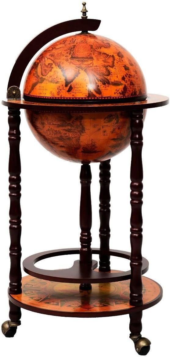 LUARANE 17” Wooden Wine Bar Stand Cart, Movable 16th Century Italian Replica Liquor Bottle Shelf Cabinet w/ Bottom Shelf & Wheels