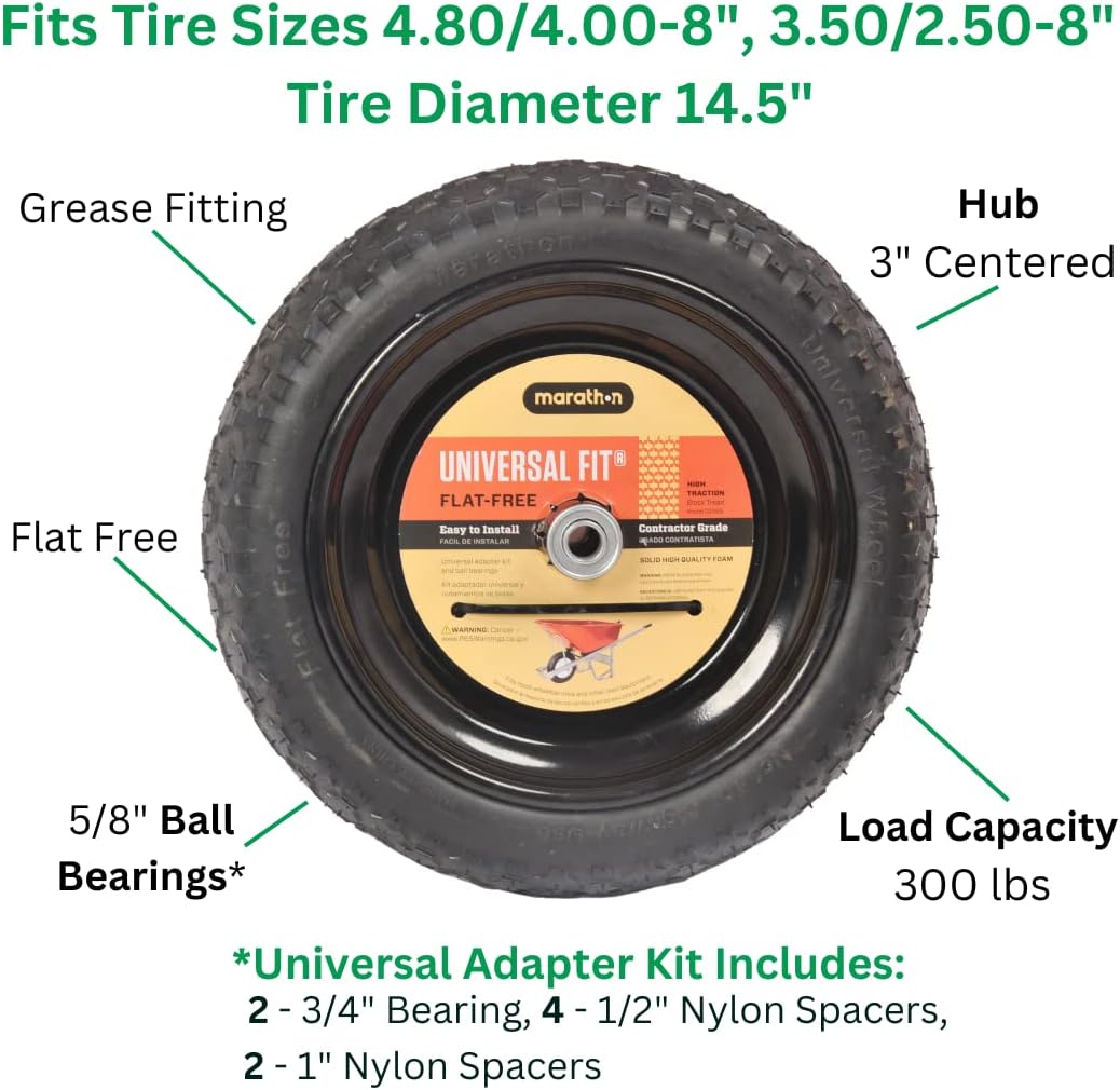 Universal Fit, Flat Free Wheelbarrow Tire and Wheel Assembly with Adapter Kit, black
