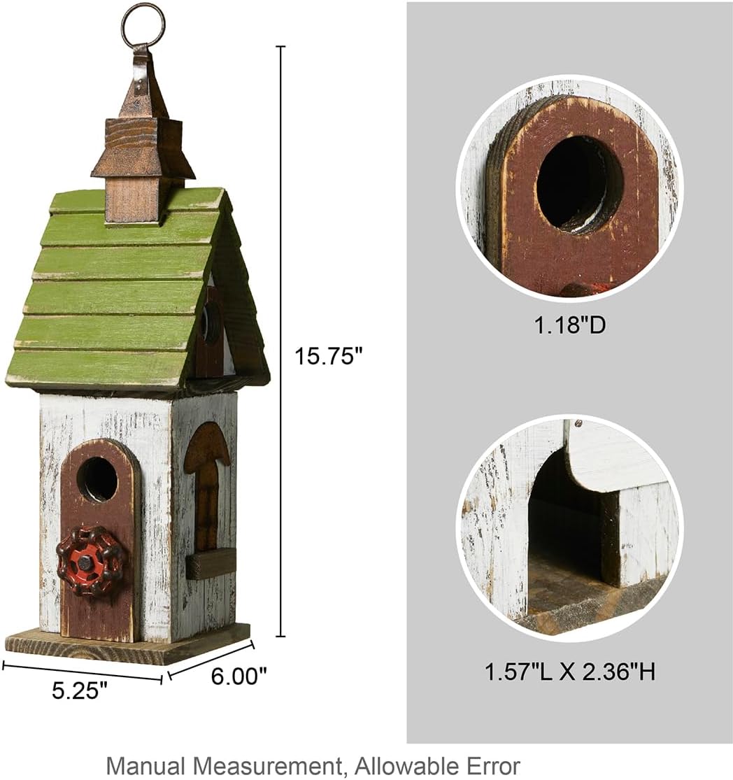 Glitzhome Bird Houses for Outside,10" H Rustic Wooden Bird House Garden Distressed Decorative Birdhouse for Outdoors, Hanging Birdhouse for Bluebird Hummingbird Wren Finch Cardinals Cedar