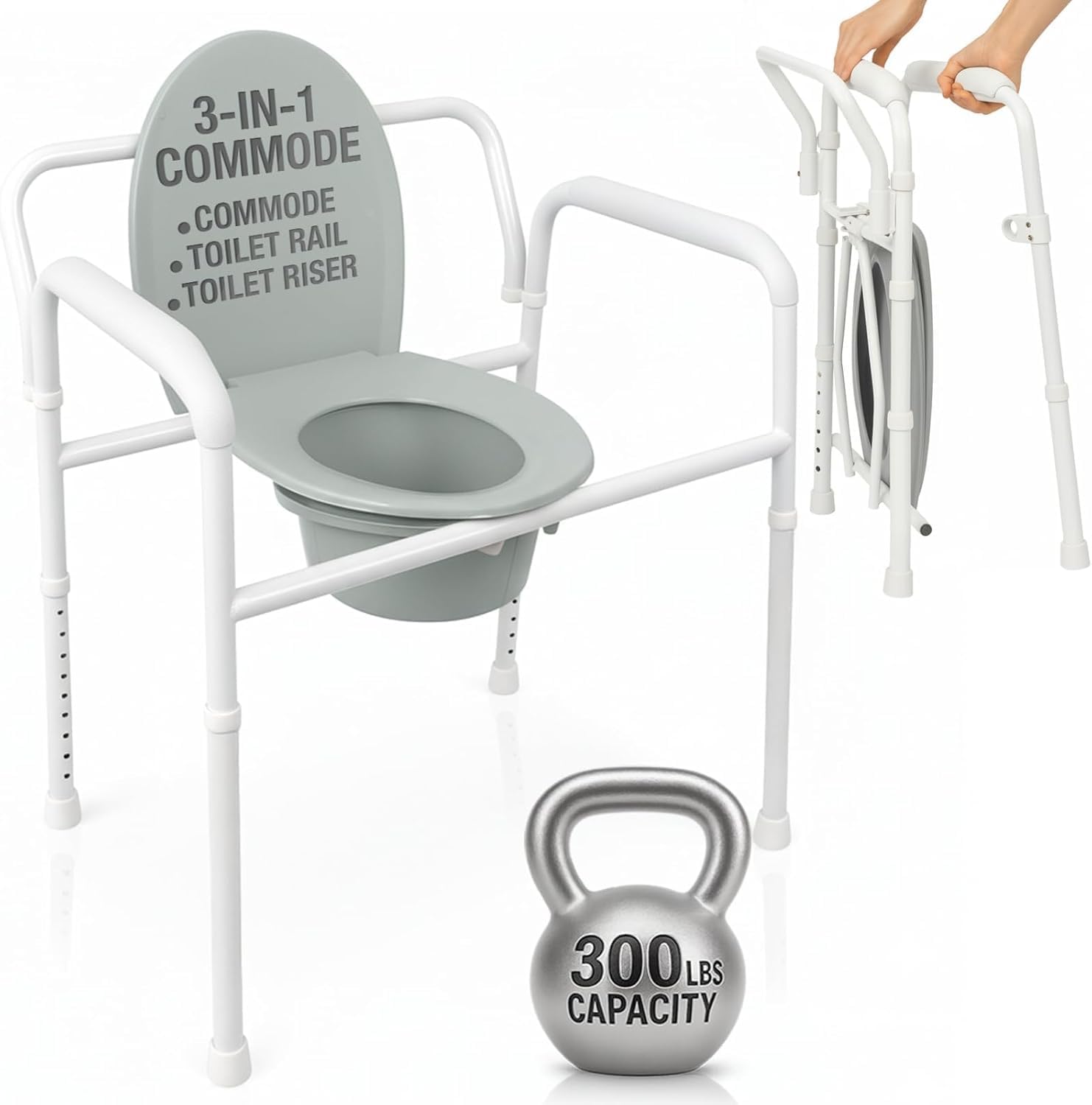 Vive Bedside Commode Toilet Chair (Folding) - 350 lb Capacity, Safety Rail, Shower Chair - 3 in 1 Heavy Duty Bariatric Bucket with Padded Arms