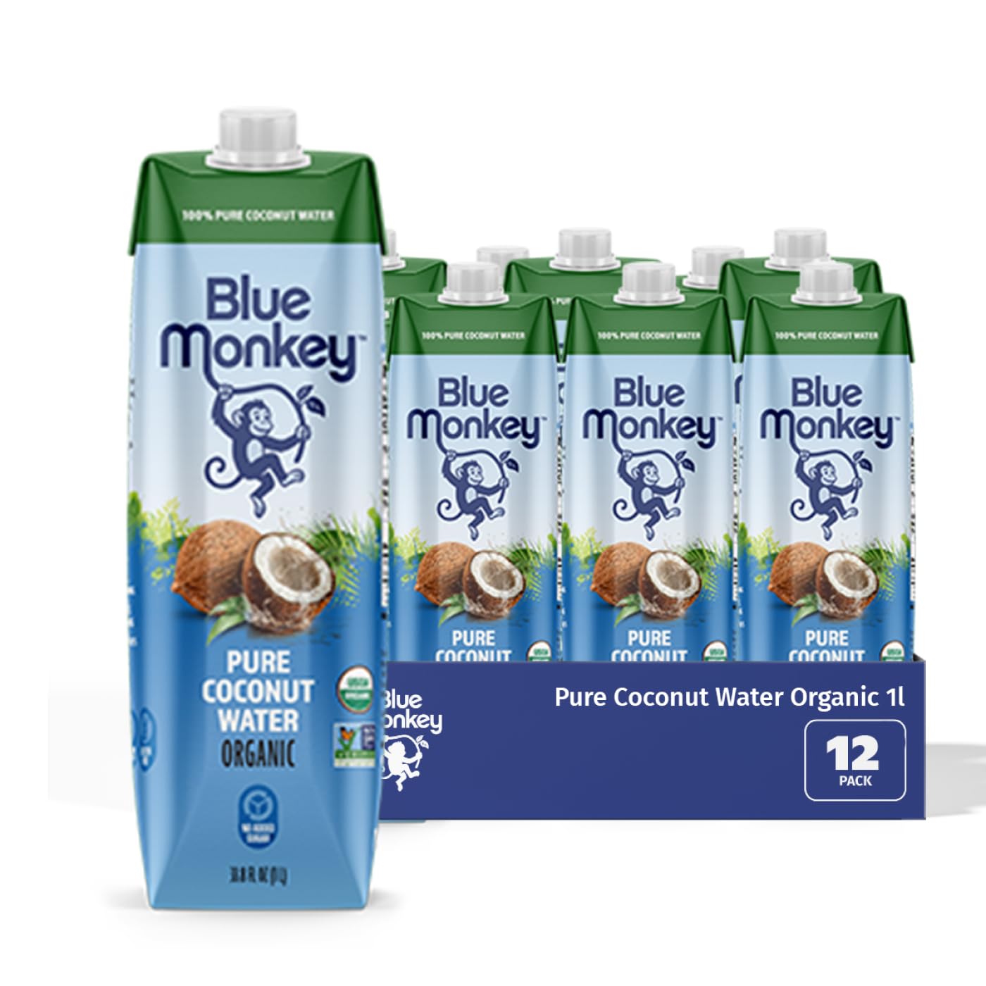 Blue Monkey Organic Coconut Water - 100% Pure Coconut Water from Vietnam - No Sugar Added - USDA Organic, Non-GMO, Kosher, Halal